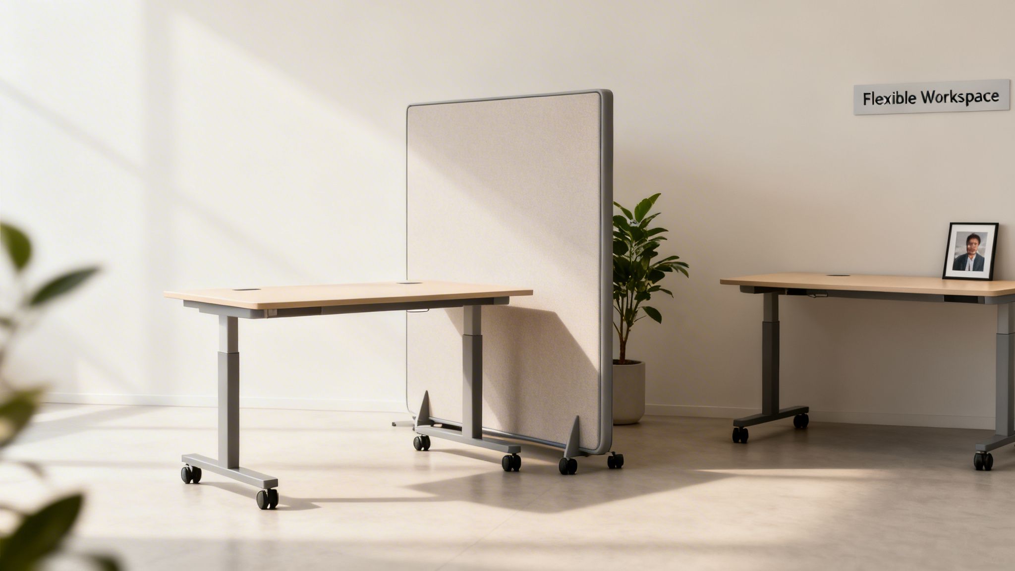 Two modern mobile height-adjustable desks with a portable privacy screen in a bright, flexible office space. The desks feature a light wood finish and are positioned on a grey carpet, showcasing DIY office furniture ideas for a flexible office.
