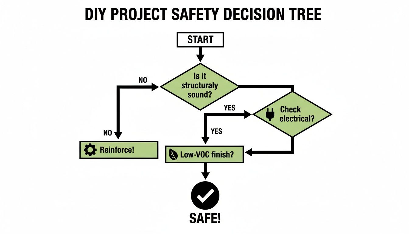 A flowchart illustrating a DIY project safety decision tree. It guides users through structural, electrical, and finish checks for DIY office furniture ideas to ensure project safety.