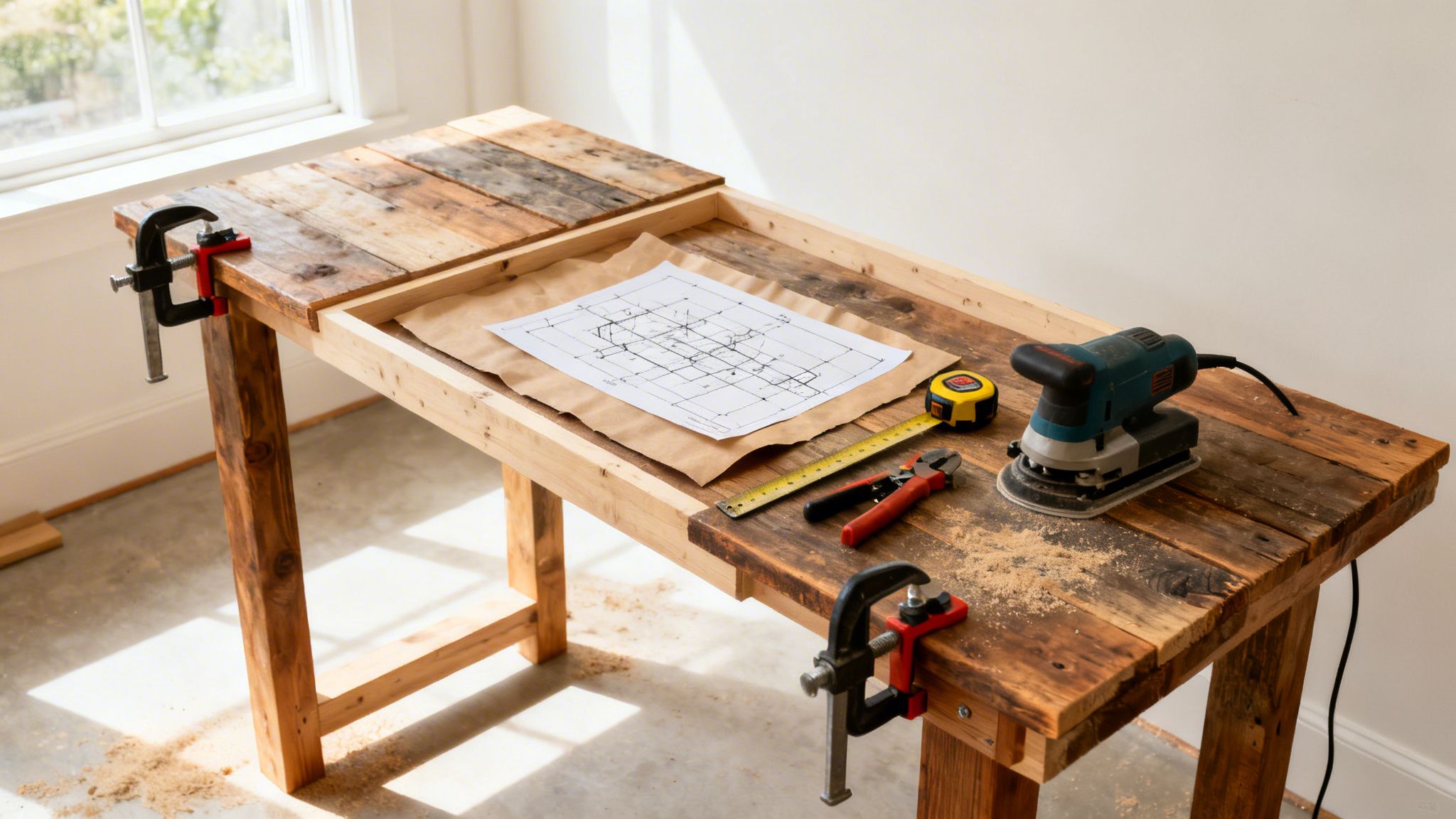 A rustic wooden workbench covered in sawdust, showcasing a DIY office furniture woodworking project. On the bench are a blueprint, sander, measuring tape, and clamps, ready for construction.