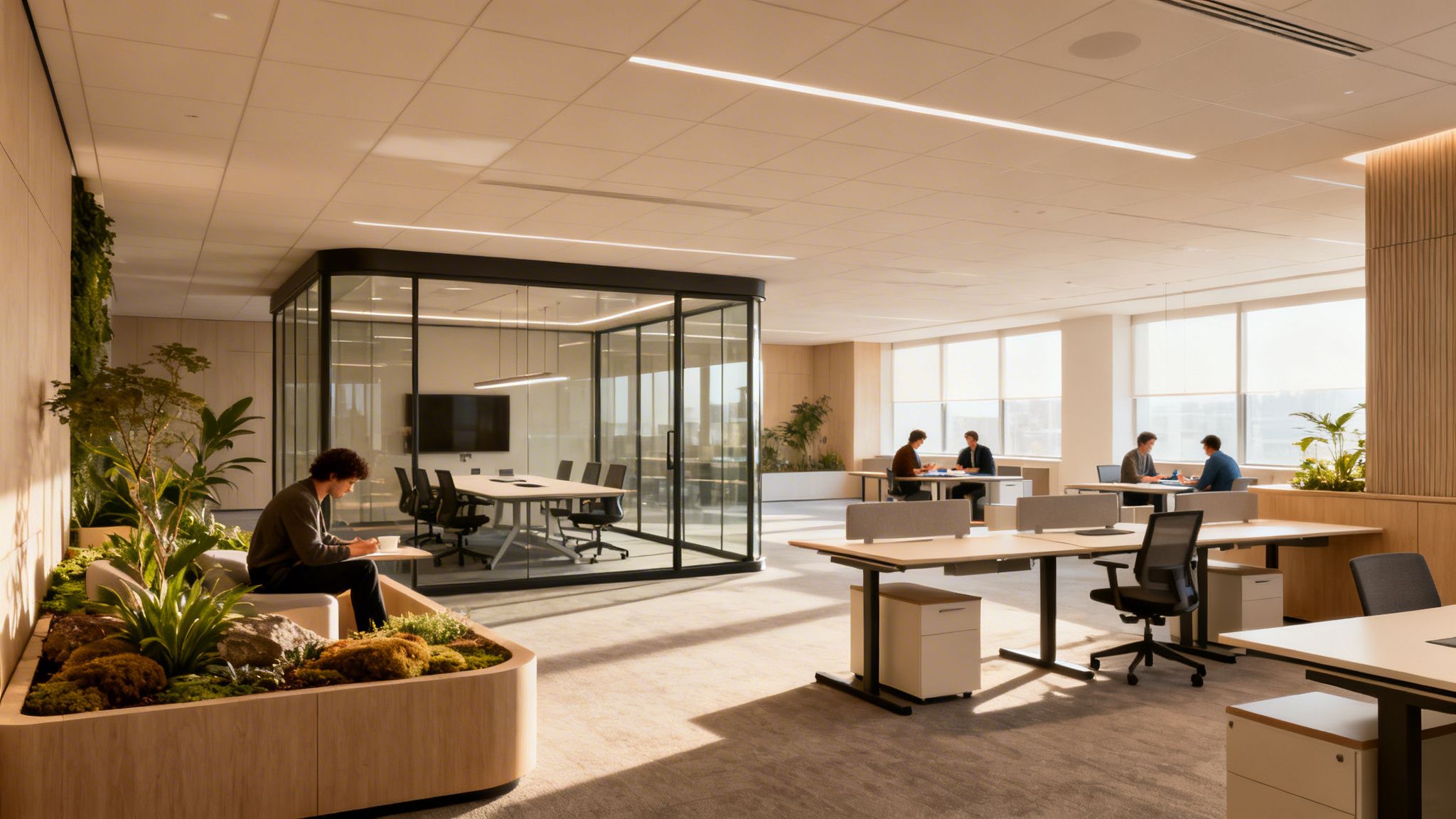 A bright, modern office showcasing biophilic design with people working at desks, a glass meeting room, and a lounge area with plants.