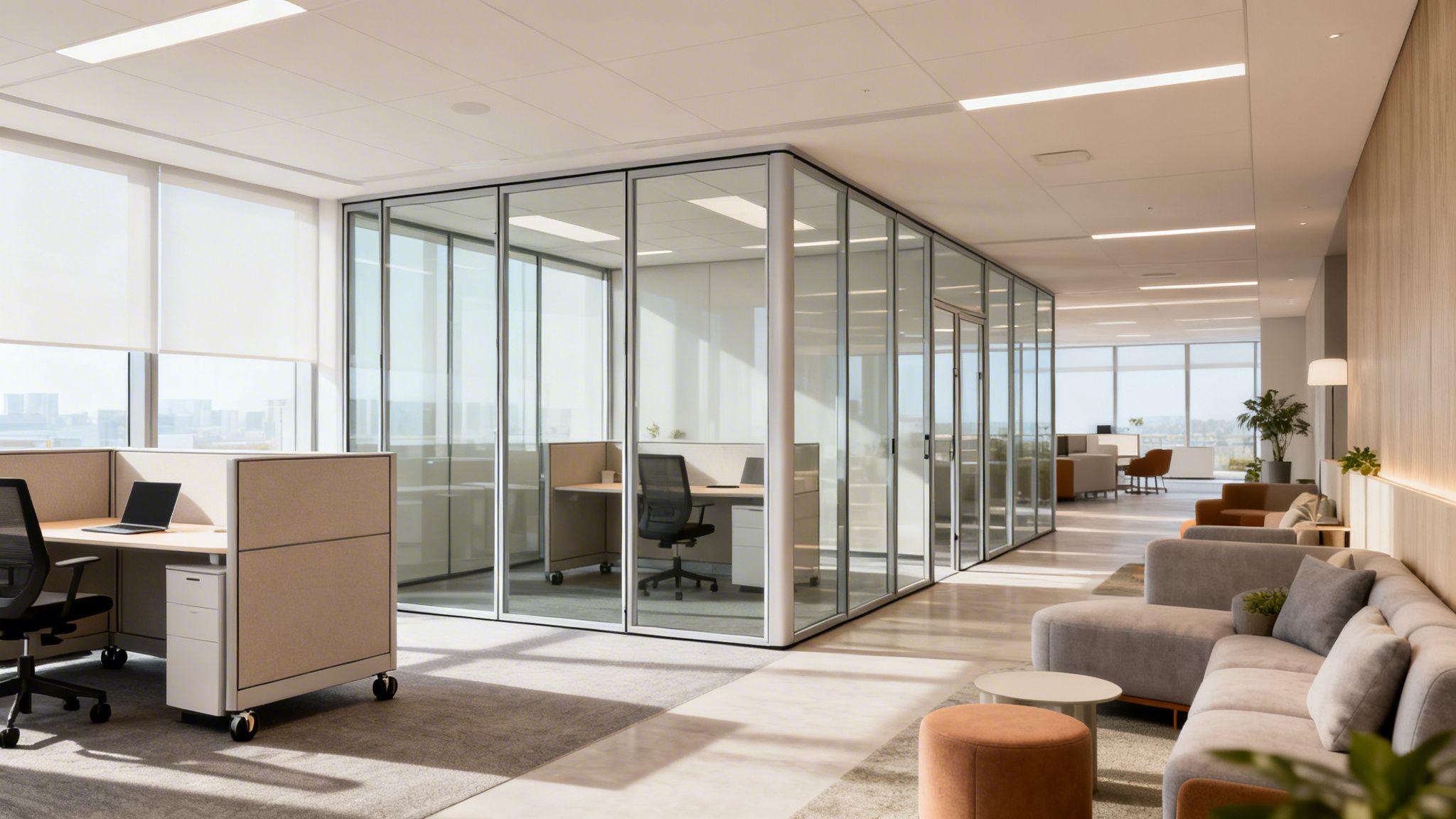 A bright modern office interior with glass-enclosed private office cubicles, open workstation cubicles, and a comfortable lounge area.