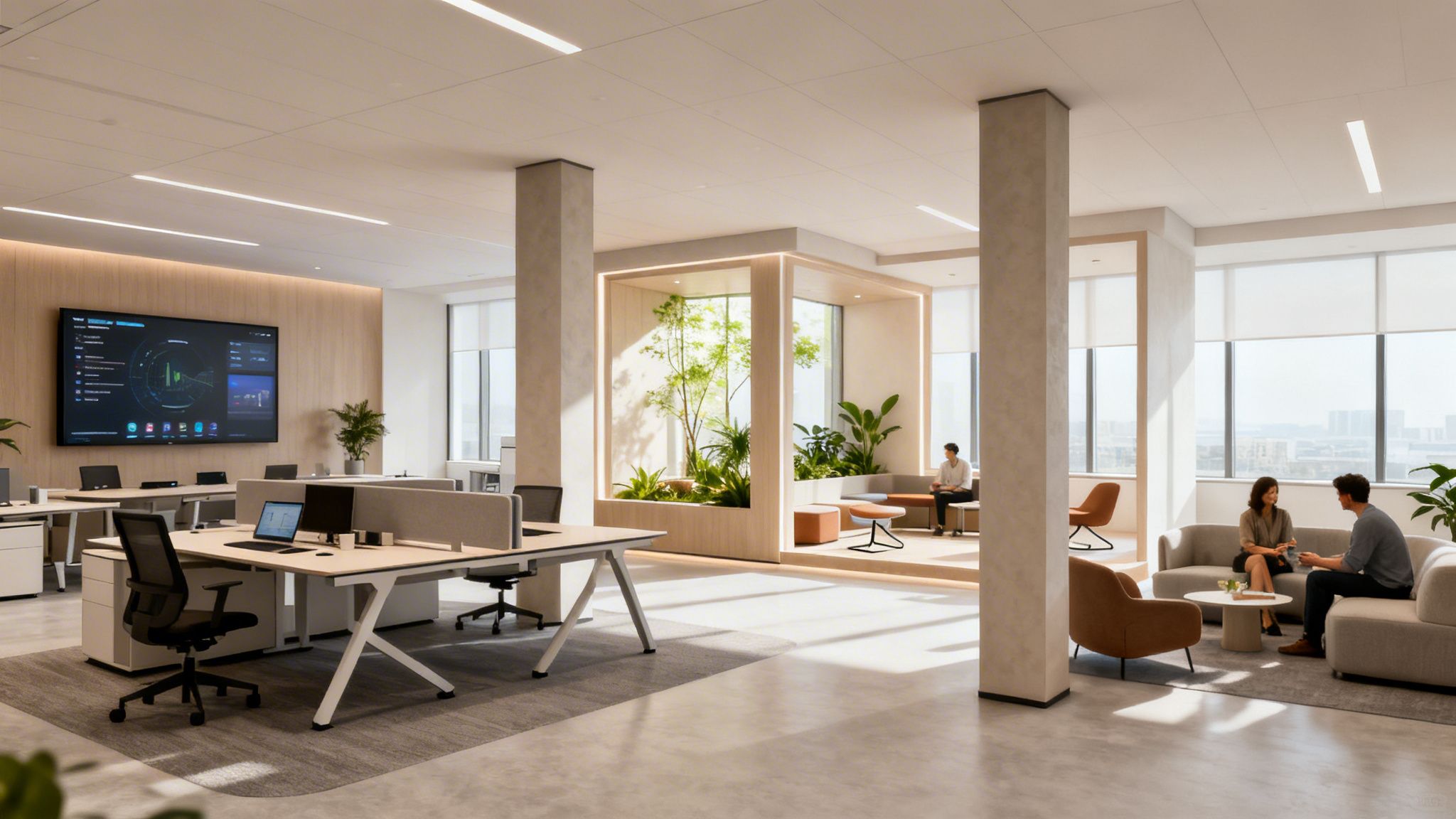 A bright, contemporary open-plan office interior featuring work desks, a lush plant wall, and casual seating areas.