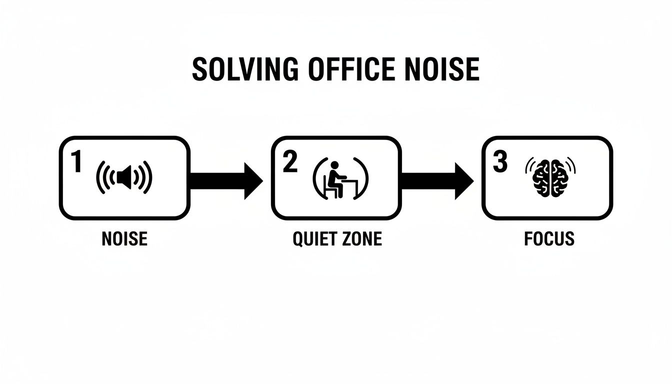 A diagram illustrating a three-step process for solving office noise: identifying noise issues, implementing acoustic solutions like private cubicles, and achieving focused work.