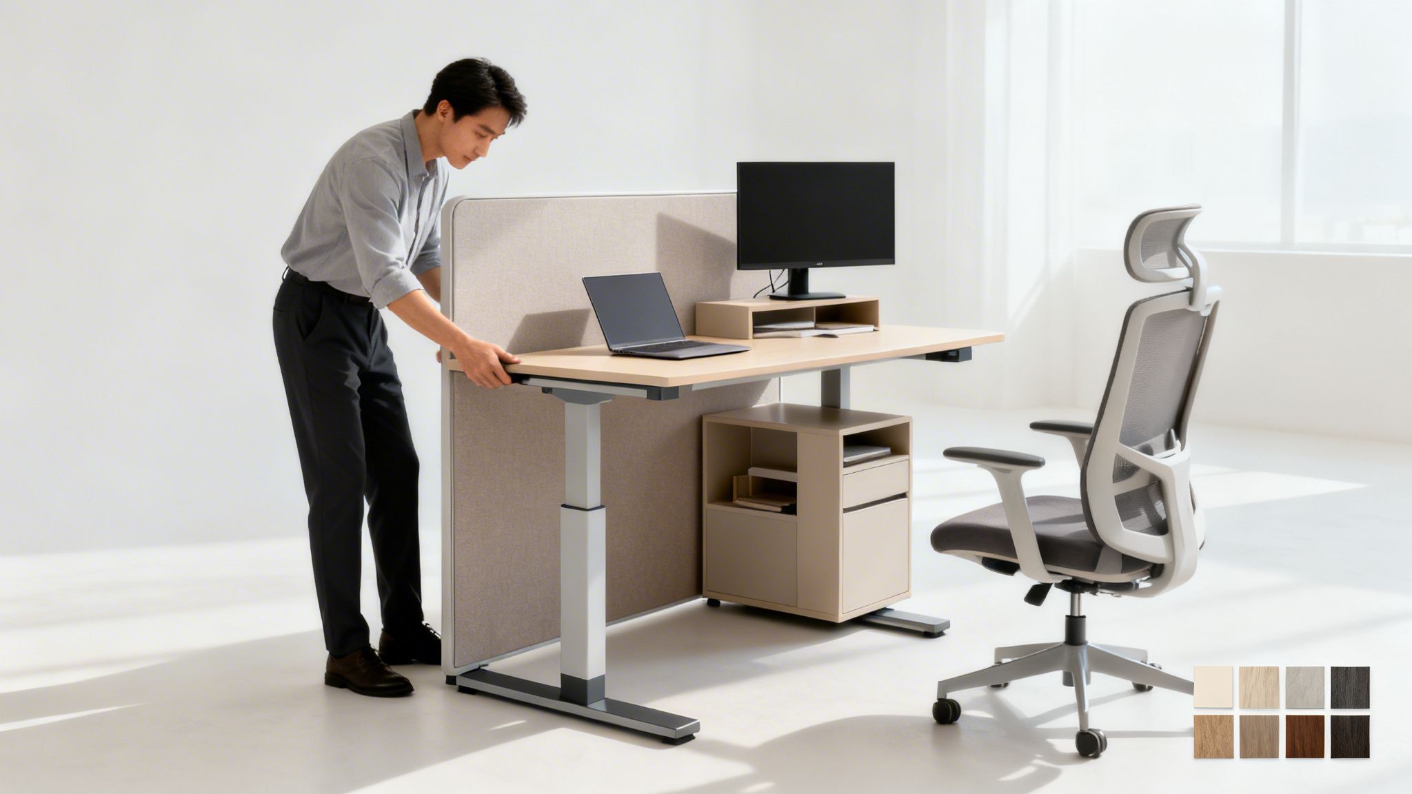 A man adjusts a light wood modular office desk system, including a standing desk with partition, laptop, monitor, and ergonomic chair.