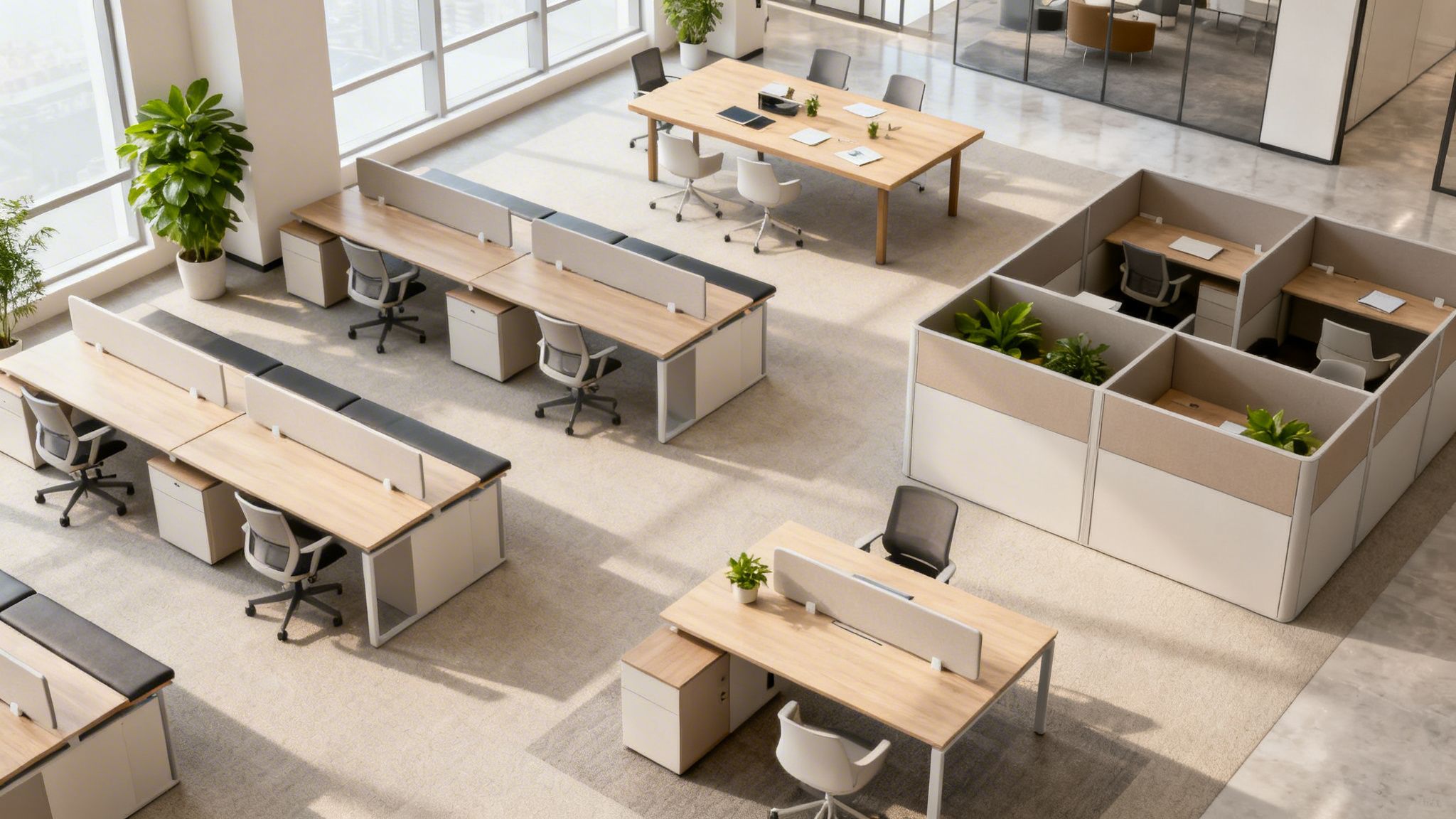 High-angle view of a contemporary open-plan office designed with modular office desk systems, including a meeting table, and various cubicle configurations.