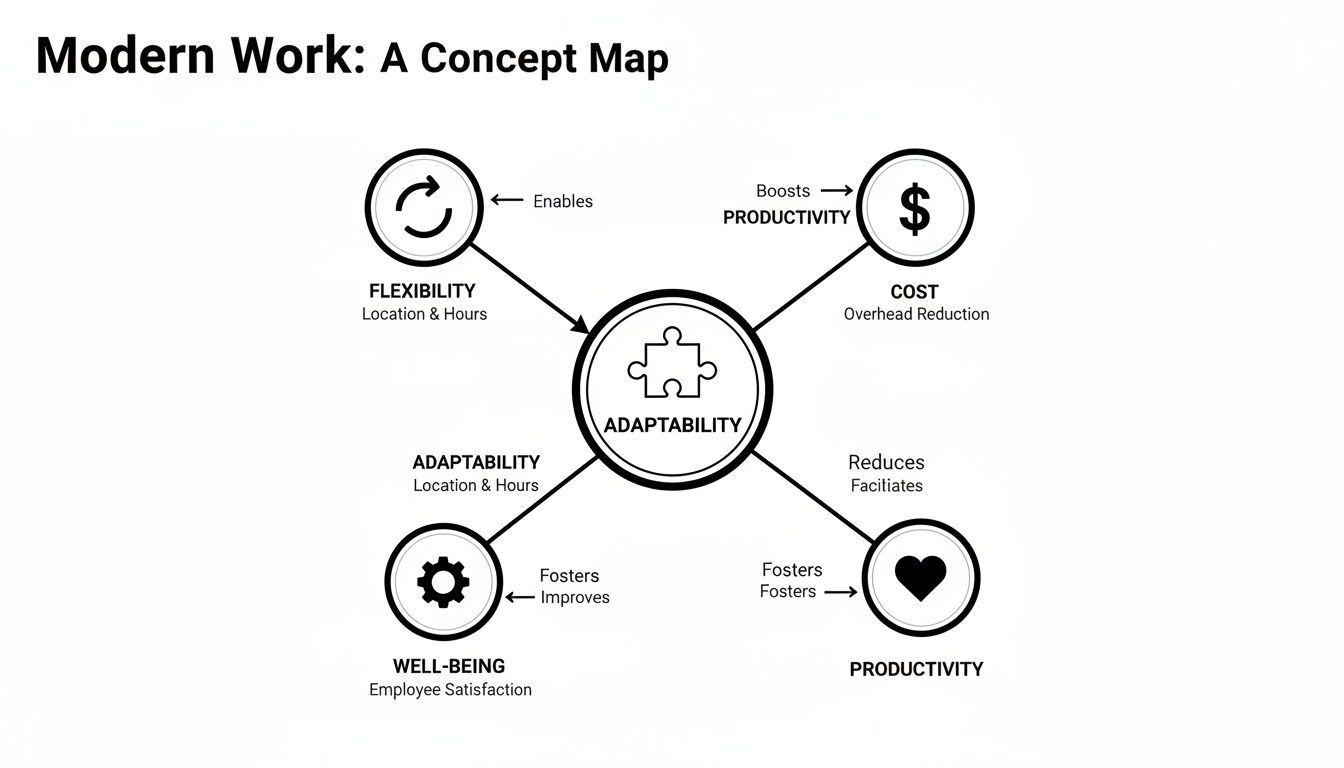 A concept map illustrating the interconnected elements of modern work: adaptability, flexibility, cost, well-being, and productivity, key benefits of modular office desk systems.