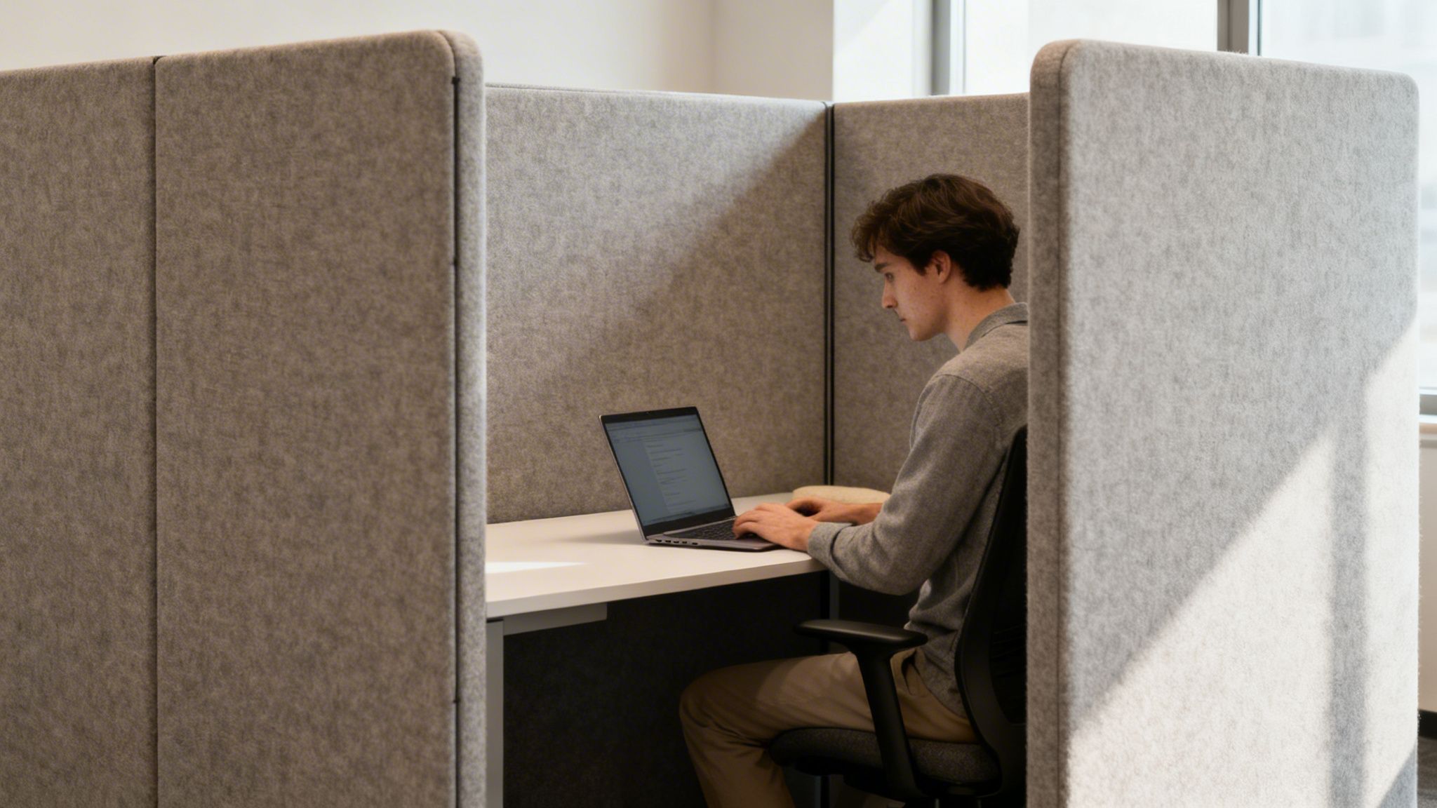 Young man working on a laptop in a modern grey felt office cubicle with natural light.
