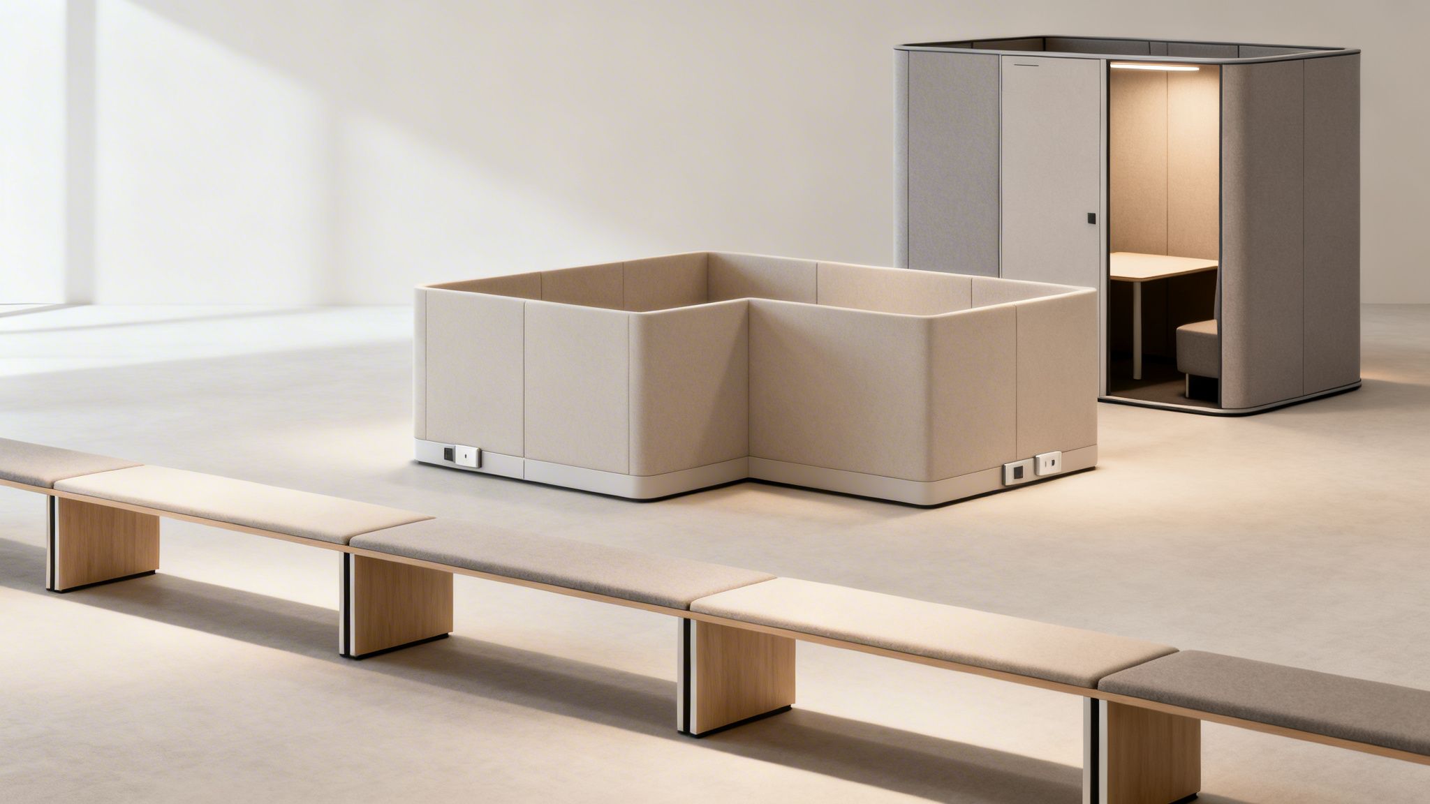 A contemporary workspace with soundproof office pods, modular cubicle panels, and long upholstered benches.