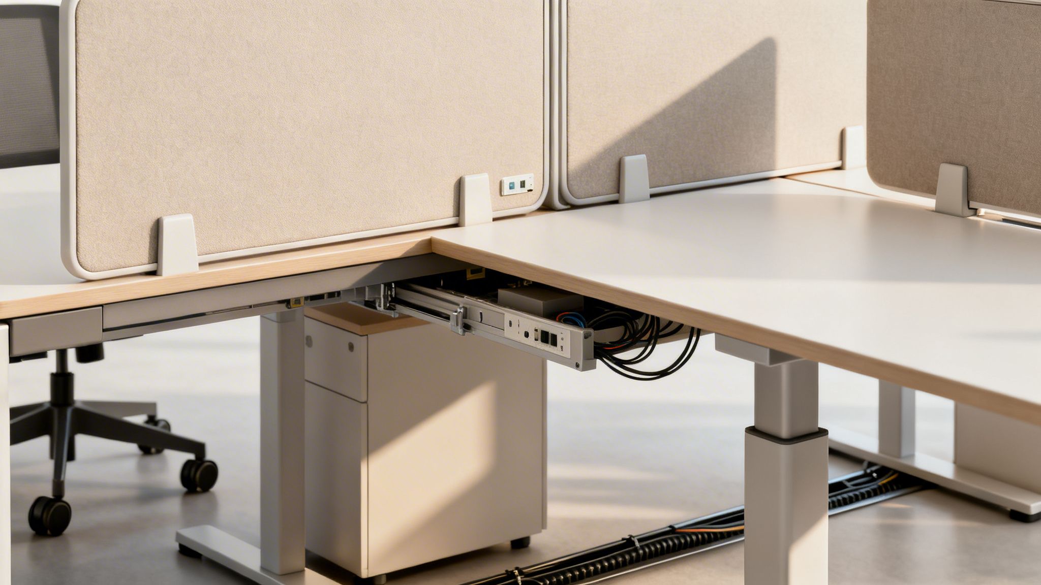 Modern office desks with privacy panels, integrated power, and efficient cable management systems.