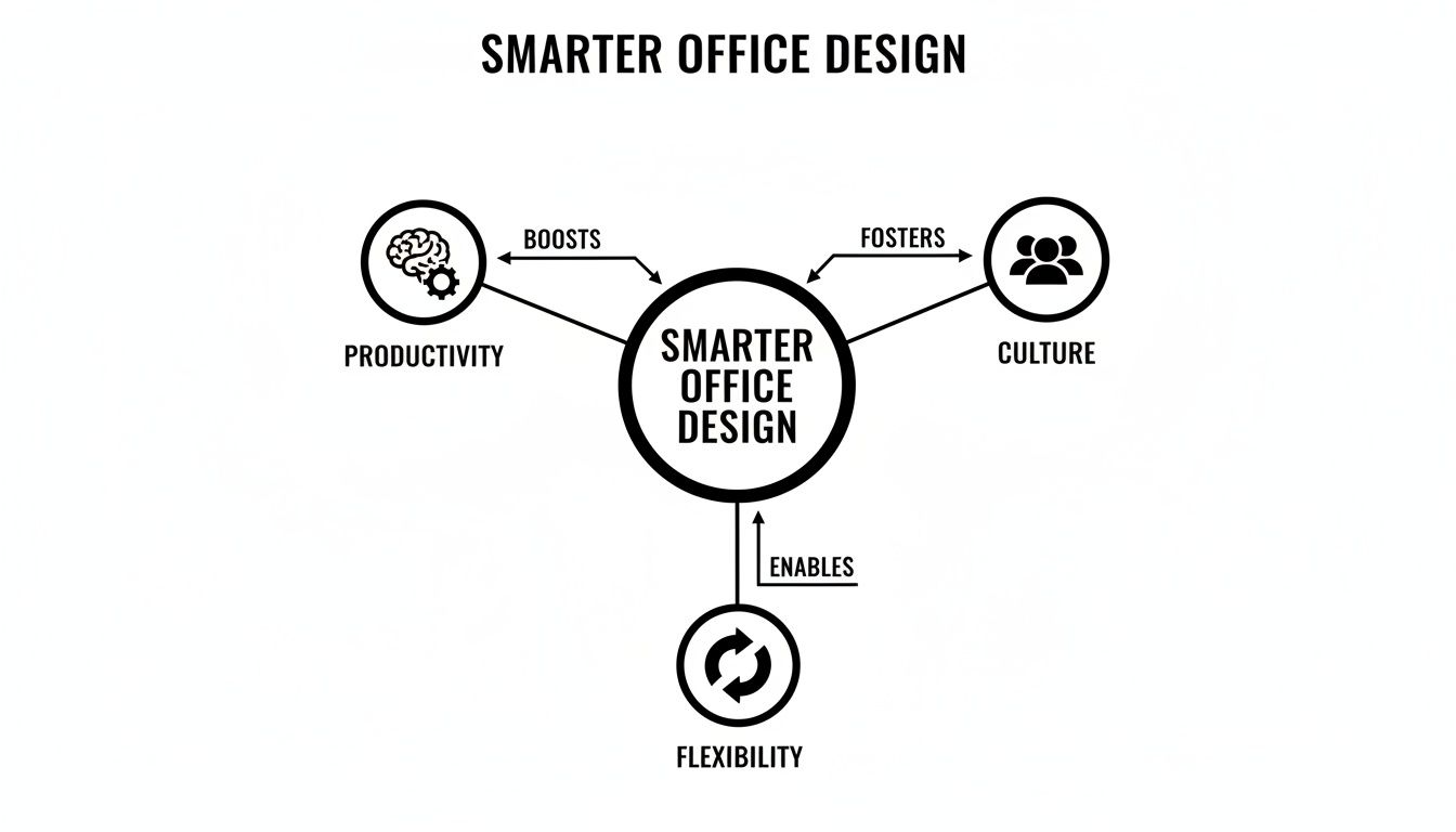 A diagram illustrating how smarter office design boosts productivity, fosters culture, and enables flexibility.