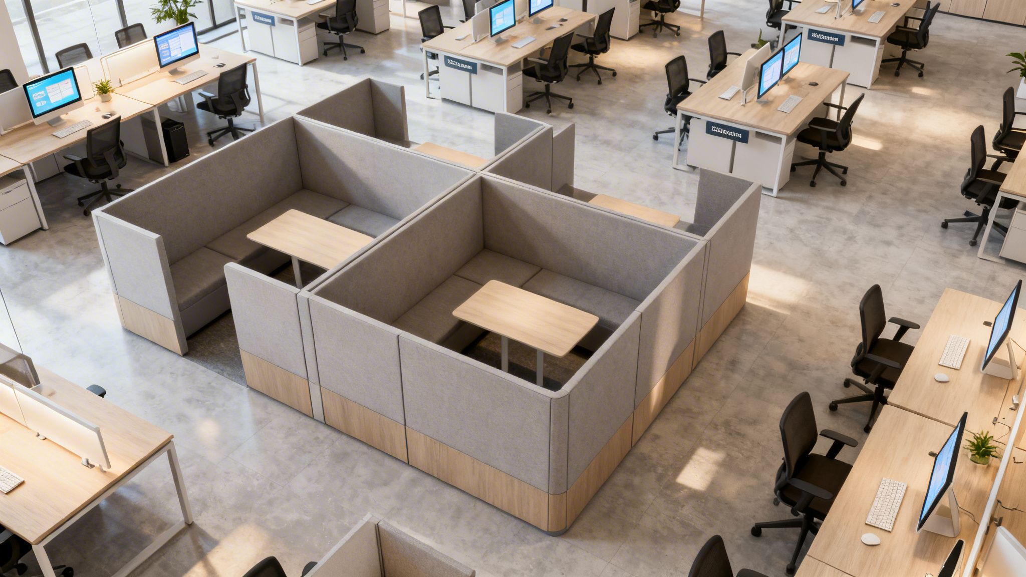 High-angle view of a modern open-plan office with individual desks and collaborative upholstered pods.