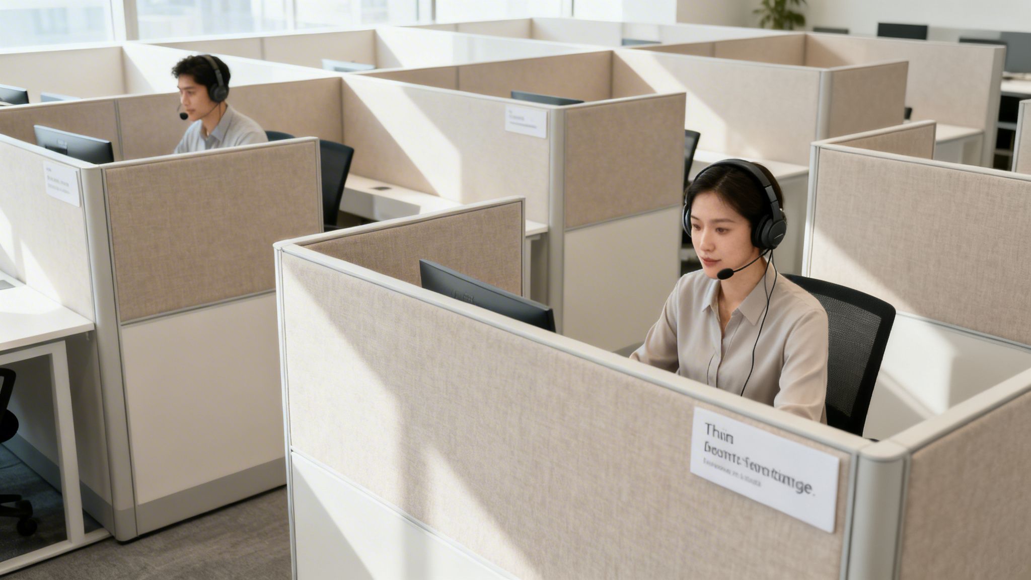Two customer service representatives wearing headsets work in modern call center office cubicles with sound-absorbing panels.