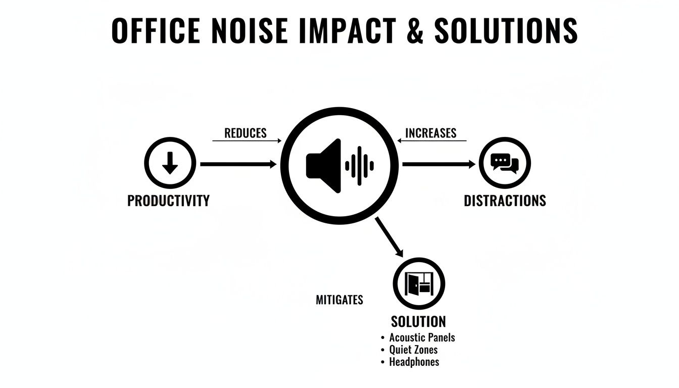 An infographic showing that office noise from open-plan designs reduces productivity and increases distractions, with solutions like acoustic panels, soundproof cubicles, quiet zones, and headphones.