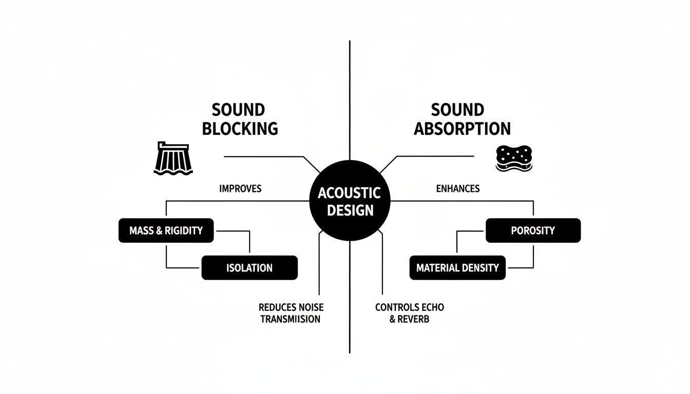 A mind map illustrating acoustic design principles for soundproof office cubicles, differentiating sound blocking (mass, isolation) from sound absorption (porosity, material density).