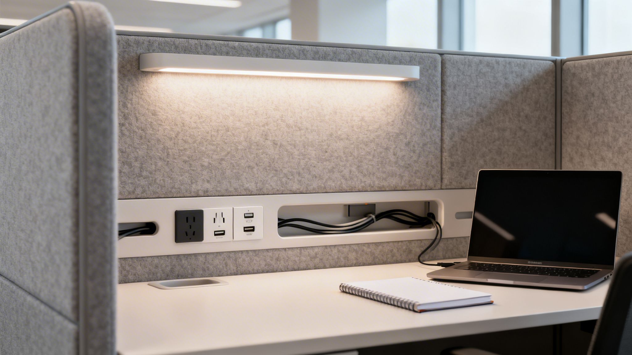 Modern soundproof office cubicle with integrated task lighting, power outlets, laptop, and notebook on a white desk.
