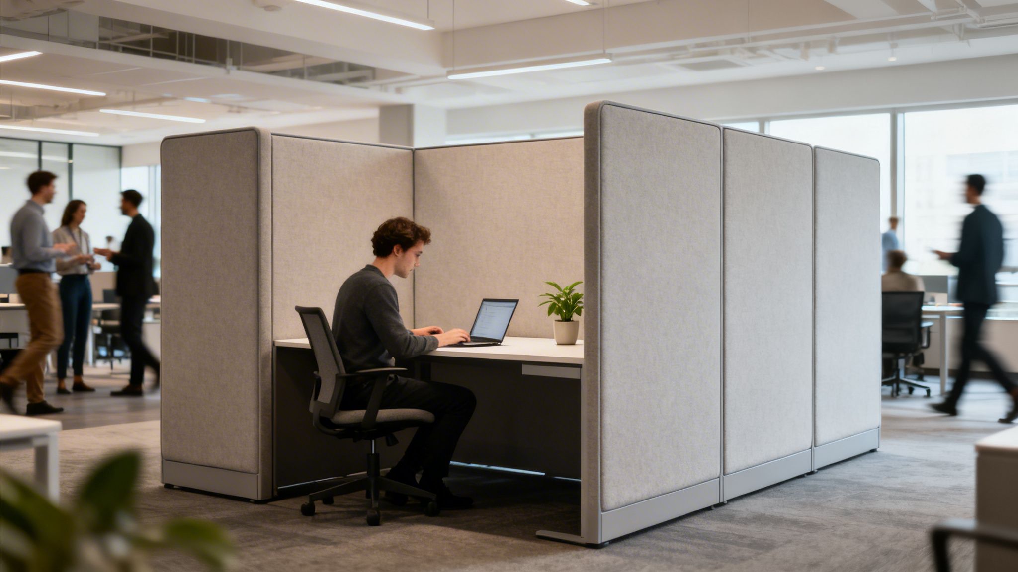 A man works on a laptop inside a modern, soundproof office cubicle designed for focus and privacy.