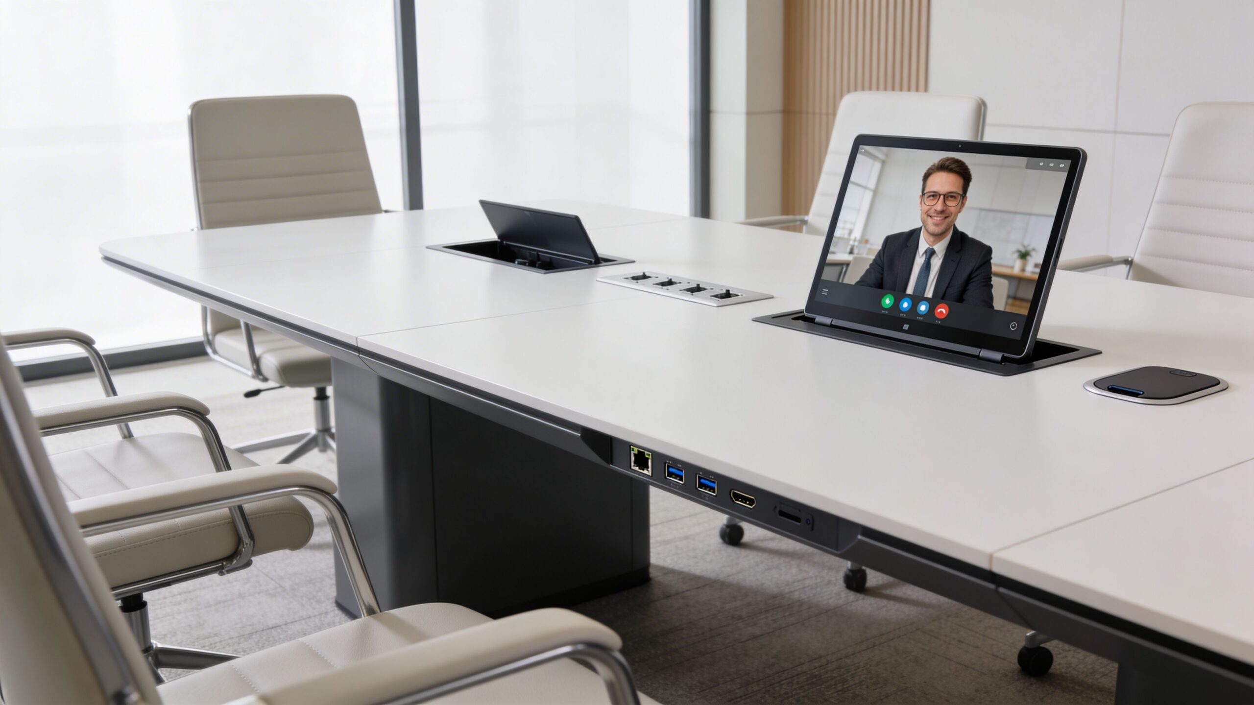A modern boardroom setup featuring a white conference table with an integrated video conferencing screen and chairs.