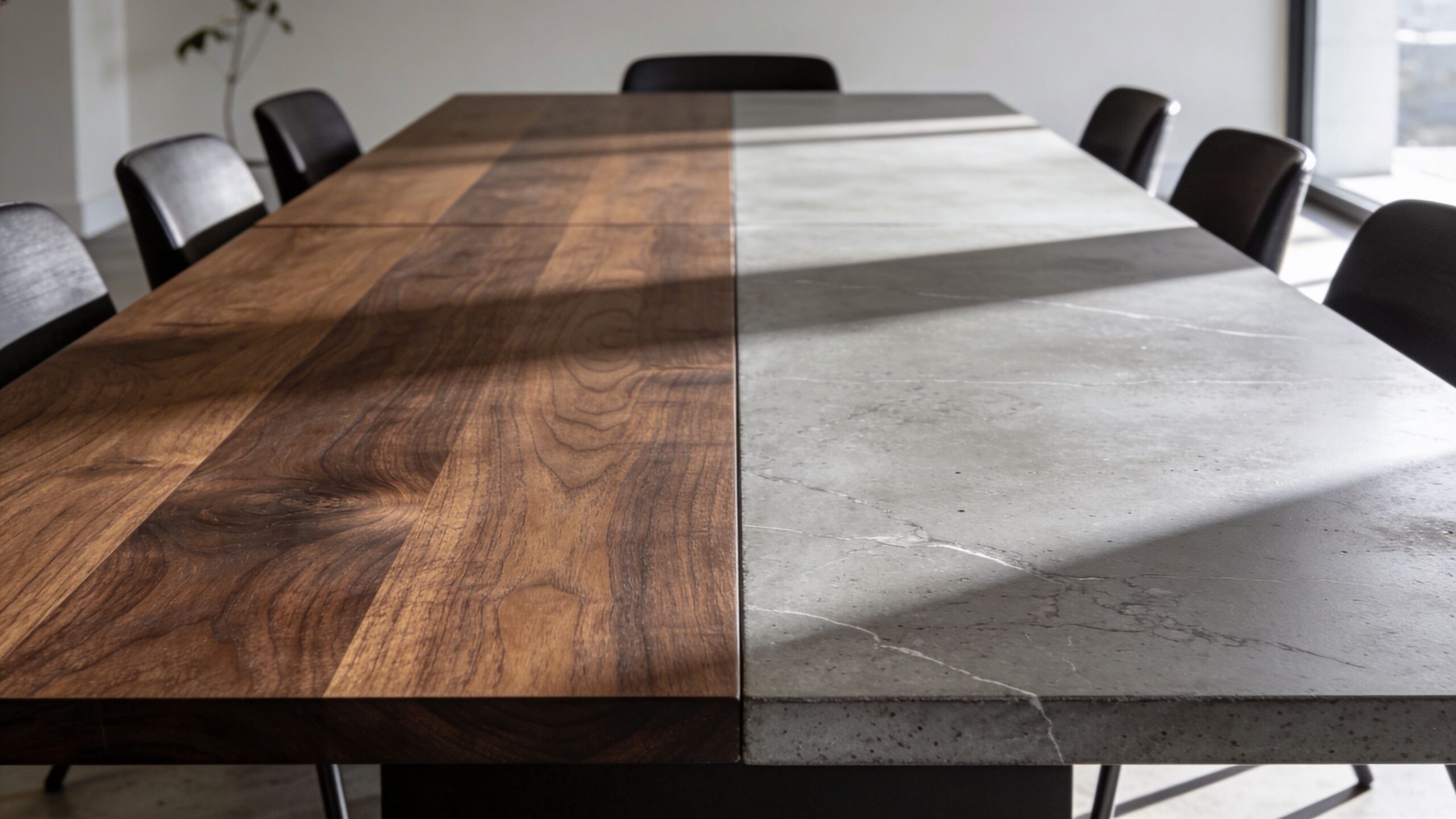 A modern ten foot conference table featuring half walnut wood and half stone surface with surrounding chairs.