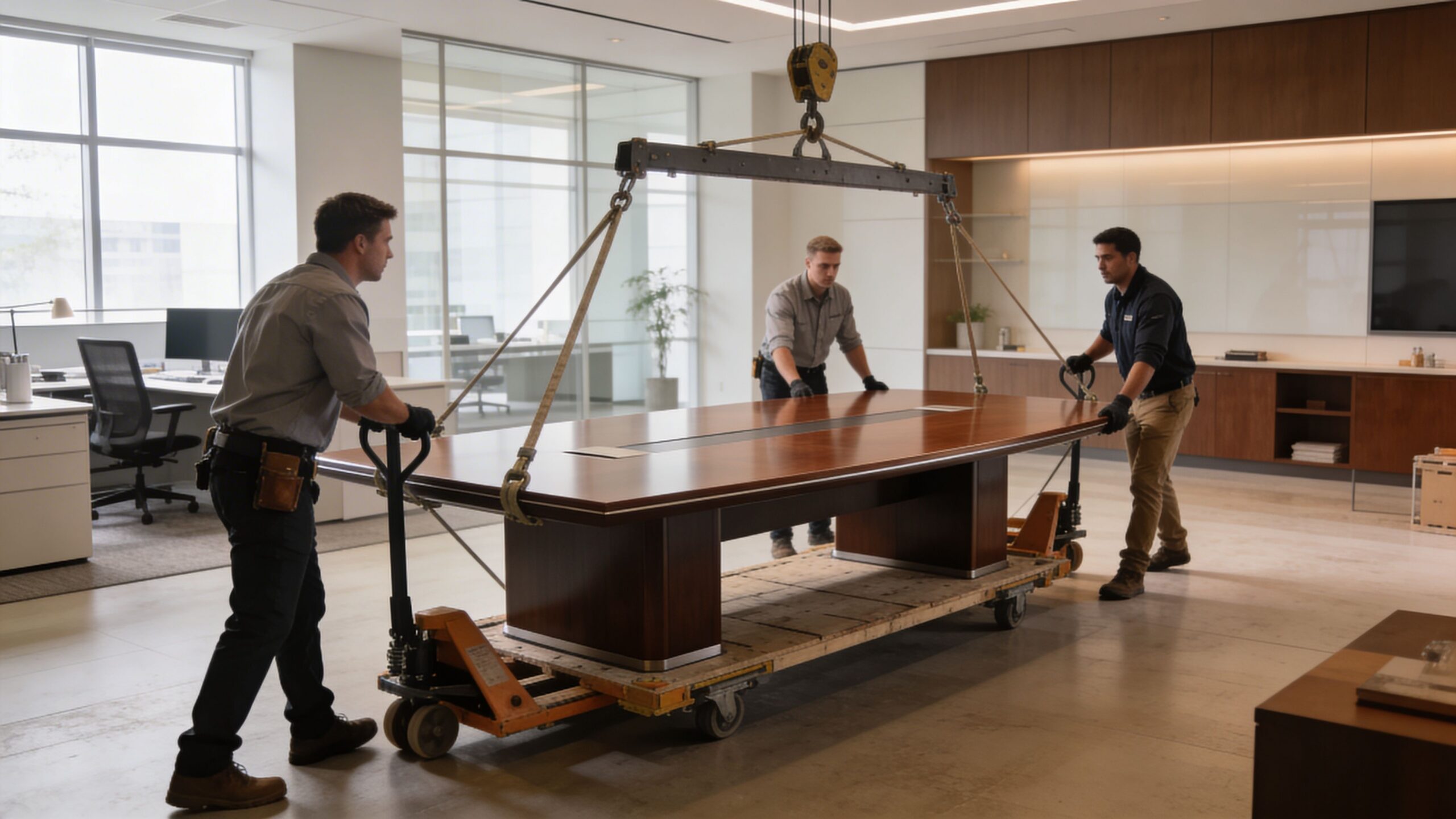 Three movers use an overhead crane and rolling carts to transport a large conference table in an office.