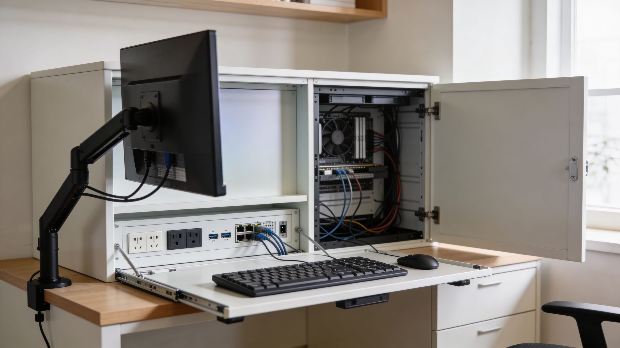 A hidden home office setup featuring a computer tower, monitor, and keyboard inside a white cabinet desk.
