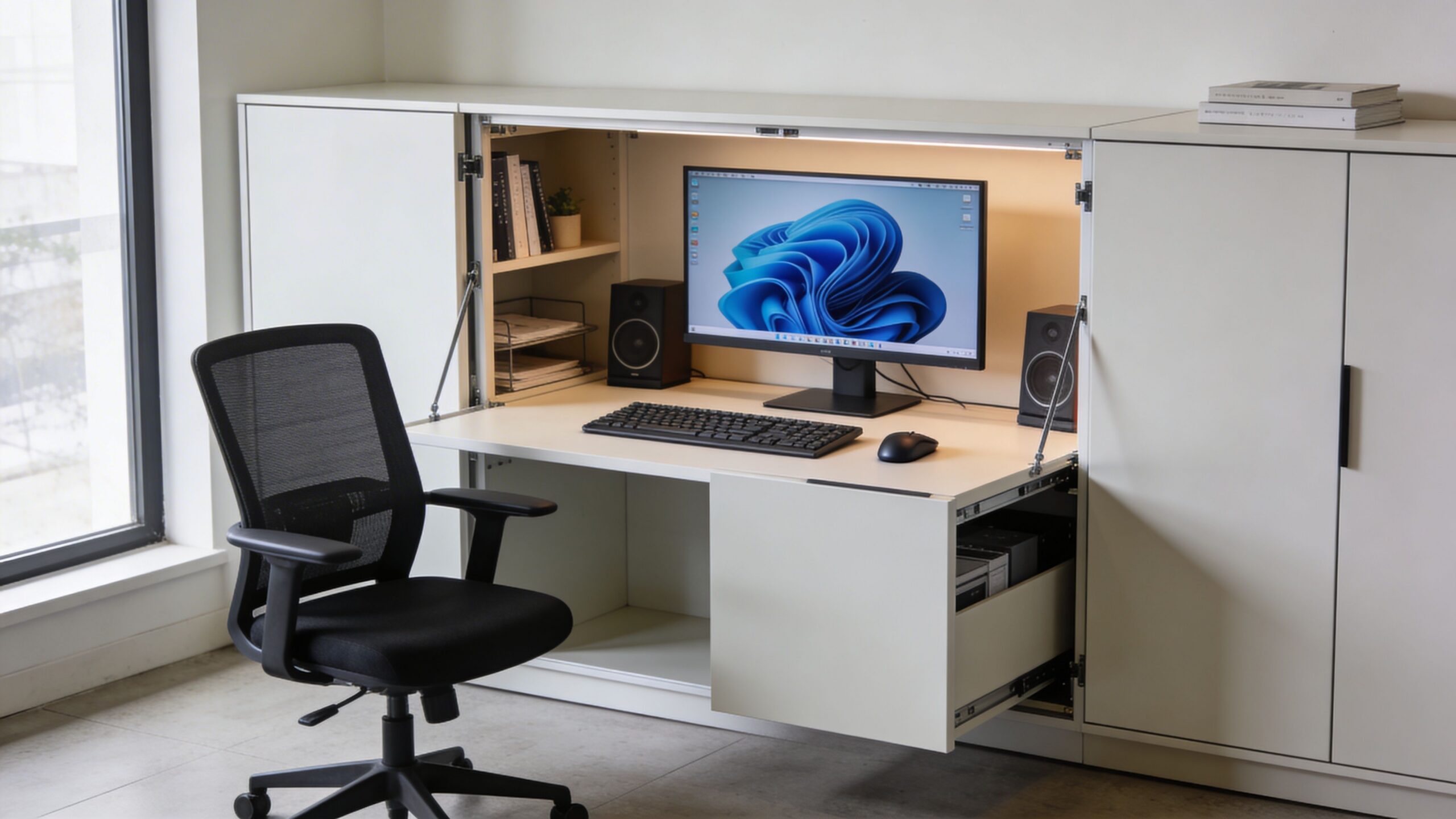 A modern workspace inside an open white cabinet featuring a computer monitor, keyboard, mouse, and office chair.