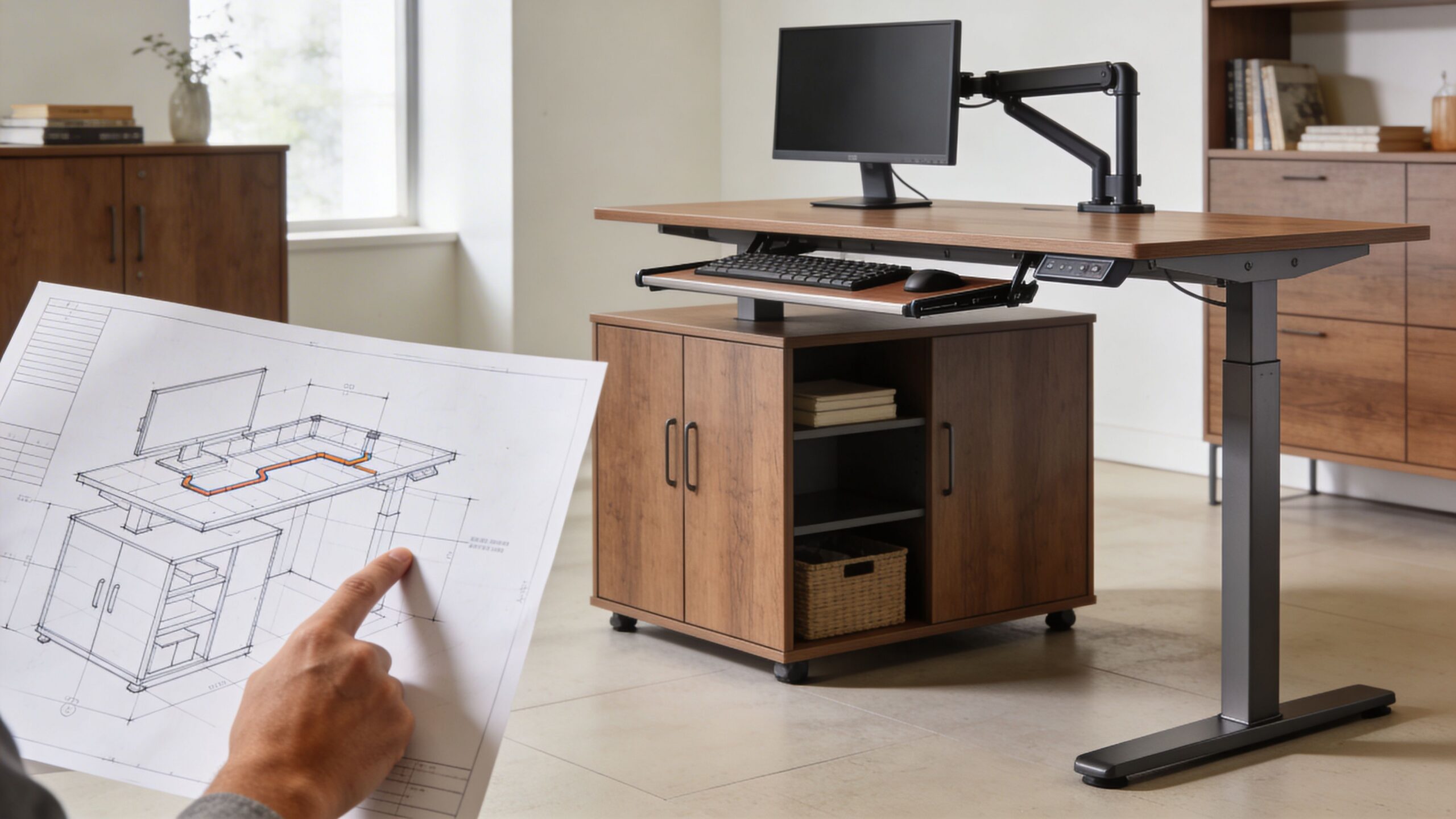 A person holds a blueprint of a modern standing computer desk with storage cabinets and adjustable height.