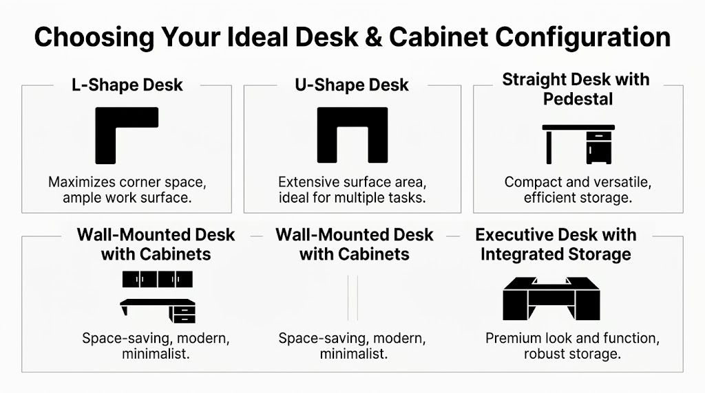 A visual guide presenting six different desk and cabinet configurations for efficient and organized home office setups.