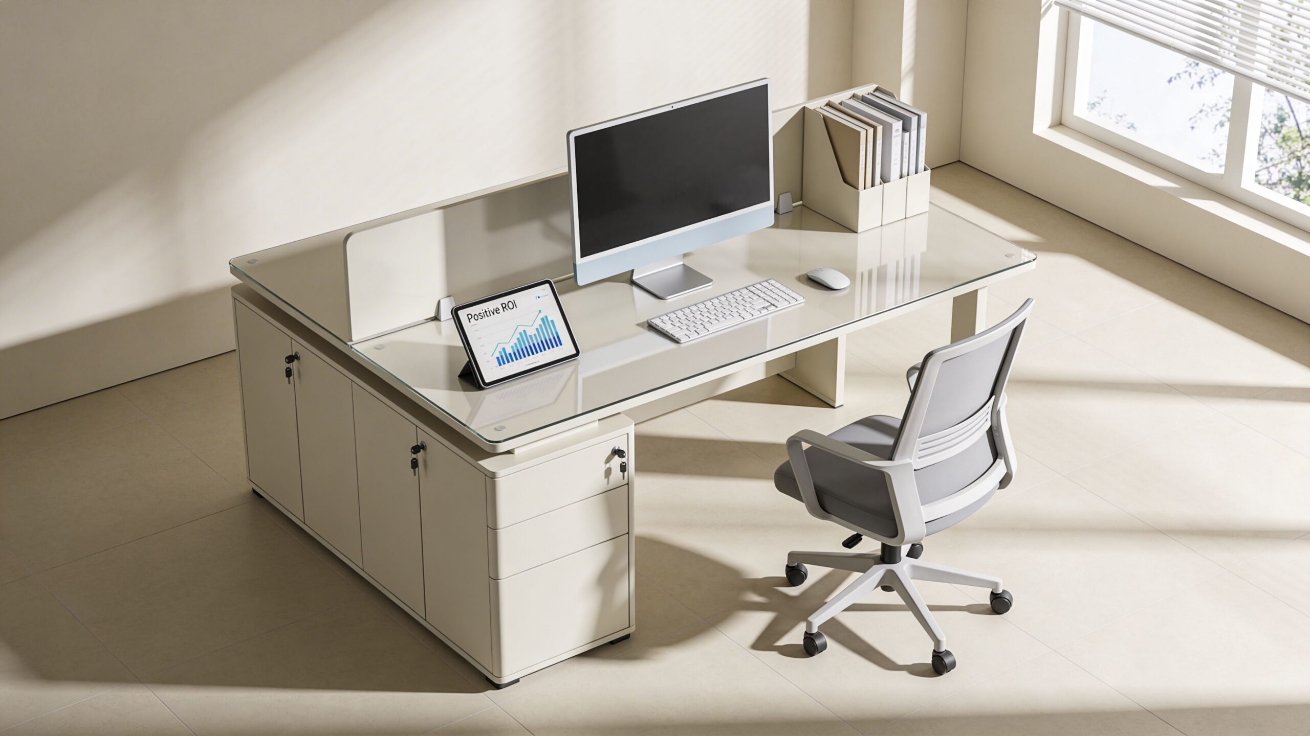 A modern glass-top computer desk with integrated storage cabinets and an ergonomic office chair in a workspace.