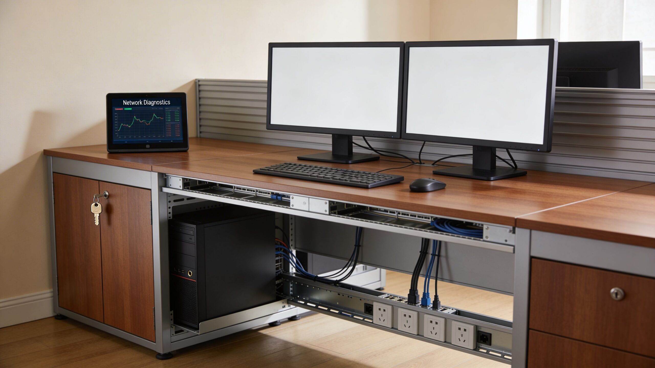 A professional computer desk with cabinets, two blank monitors, and a tablet showing network diagnostics.