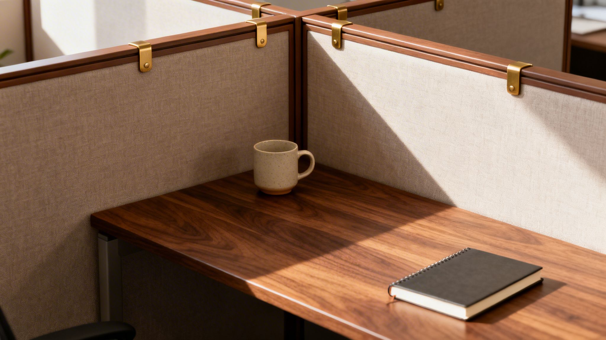 Office cubicle with a warm wood desk surface, ceramic mug, and notebook in sunlight