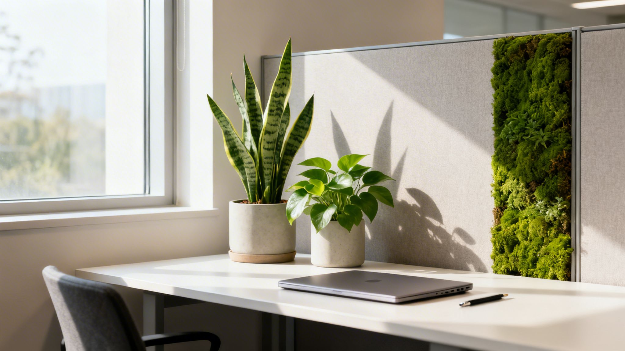 Office desk with a snake plant, pothos, laptop, and green partition detail