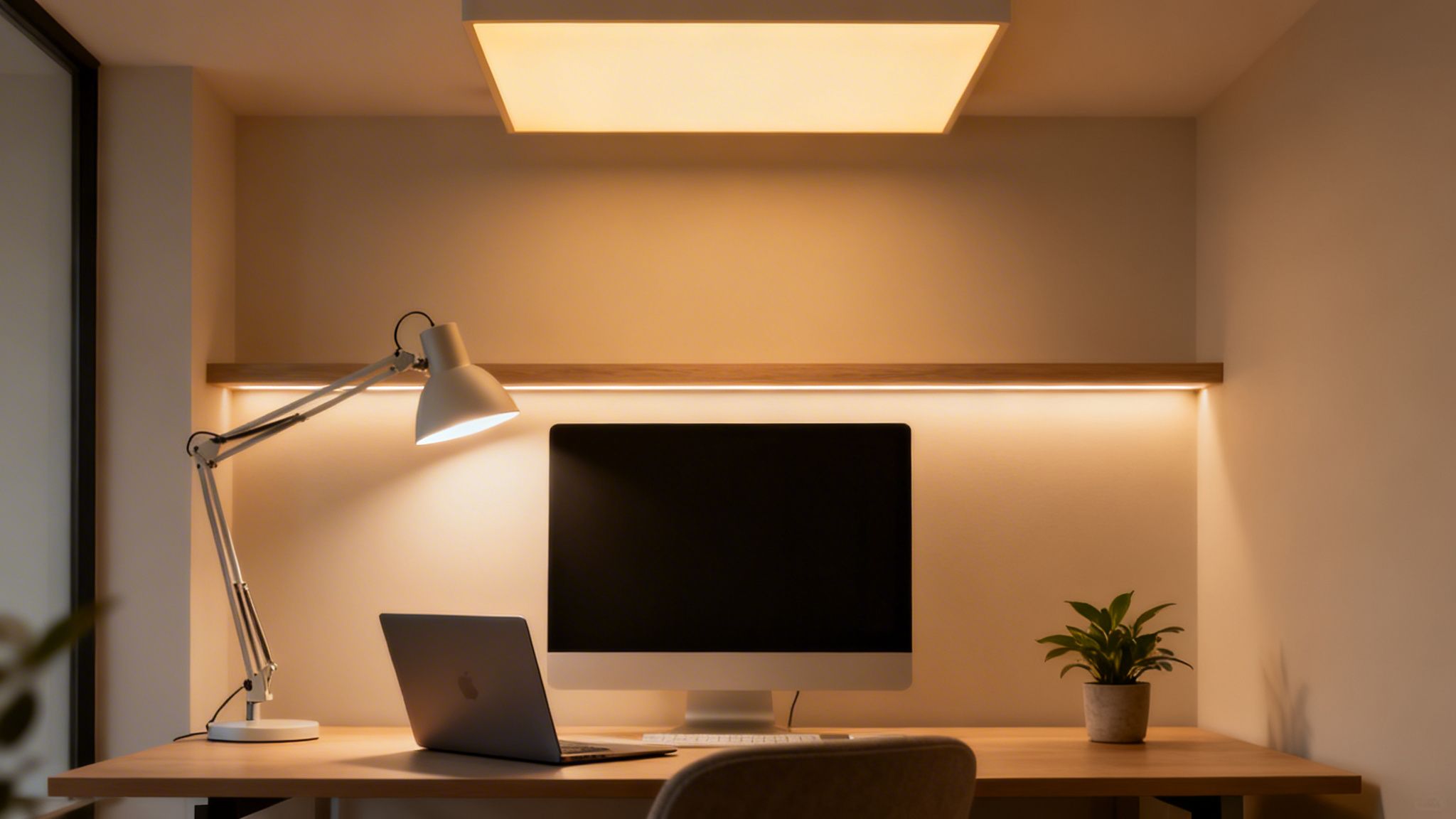 Warm layered lighting in a minimalist office workstation with a desk lamp, computer, and small potted plant