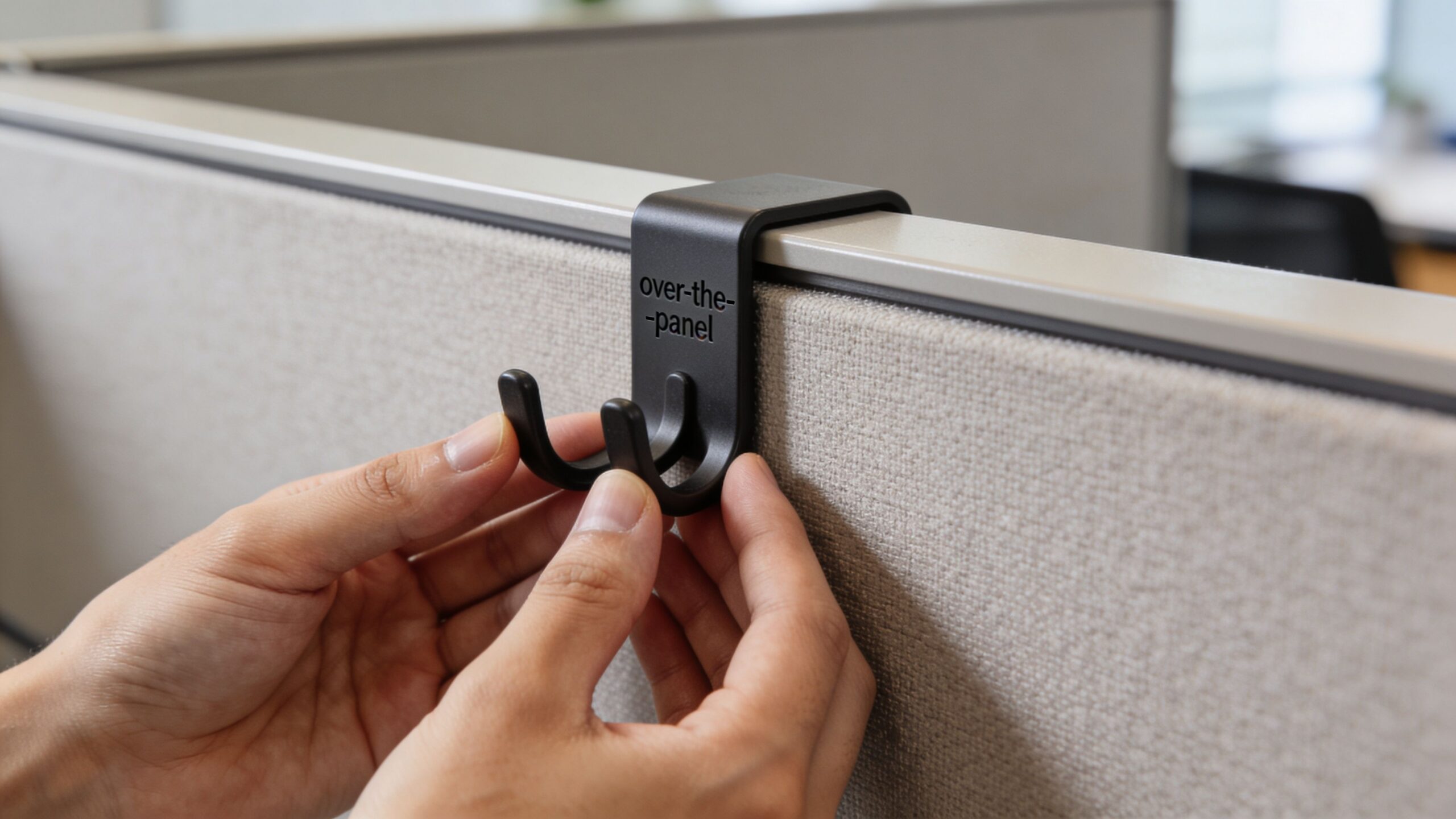 A person's hands installing a black metal hook onto the top of a grey fabric office cubicle wall.