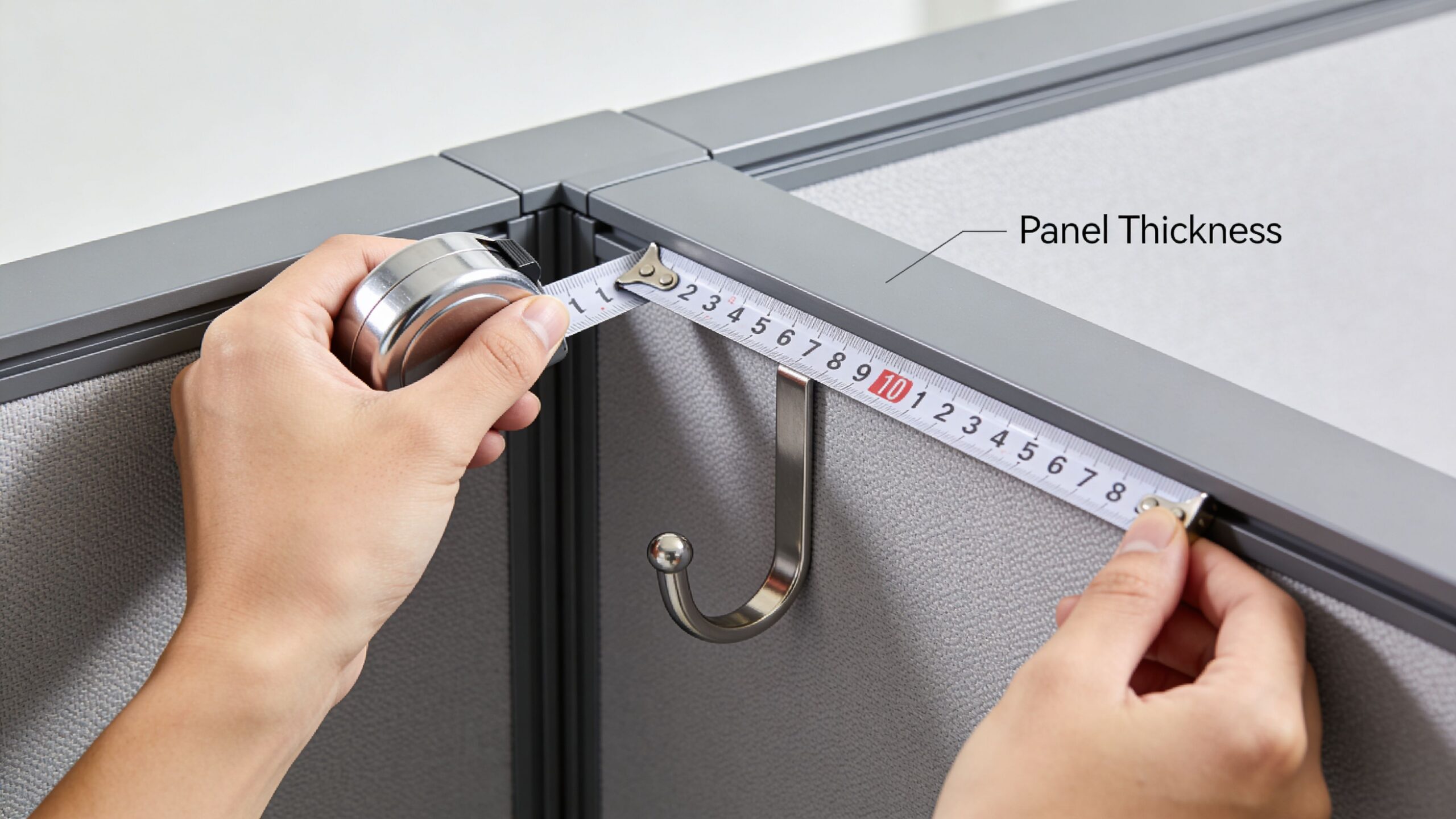 A person using a tape measure to check the thickness of a grey office cubicle wall panel.