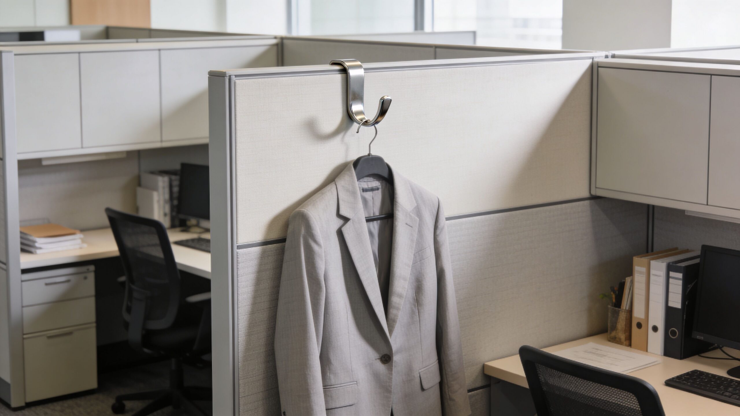 A professional grey suit jacket hangs neatly on a metal hook over a fabric office cubicle wall.