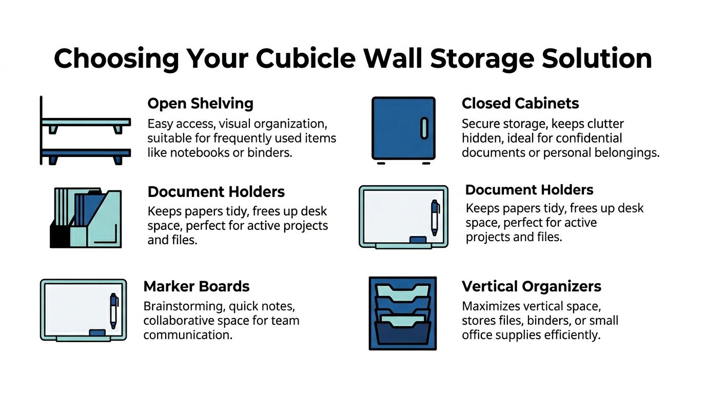 An infographic displaying various cubicle wall storage solutions like shelving, cabinets, and organizers with brief descriptions.