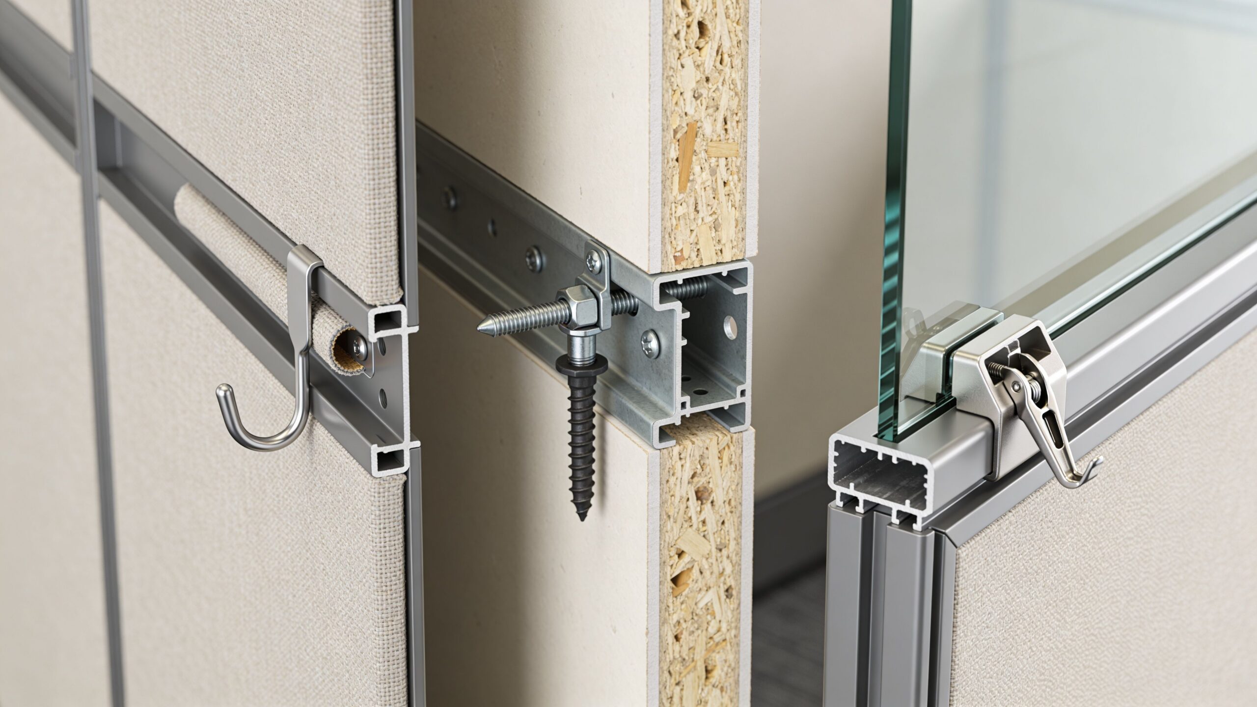 Close-up of modular office cubicle wall components, including mounting hardware, structural metal framing, and glass panels.
