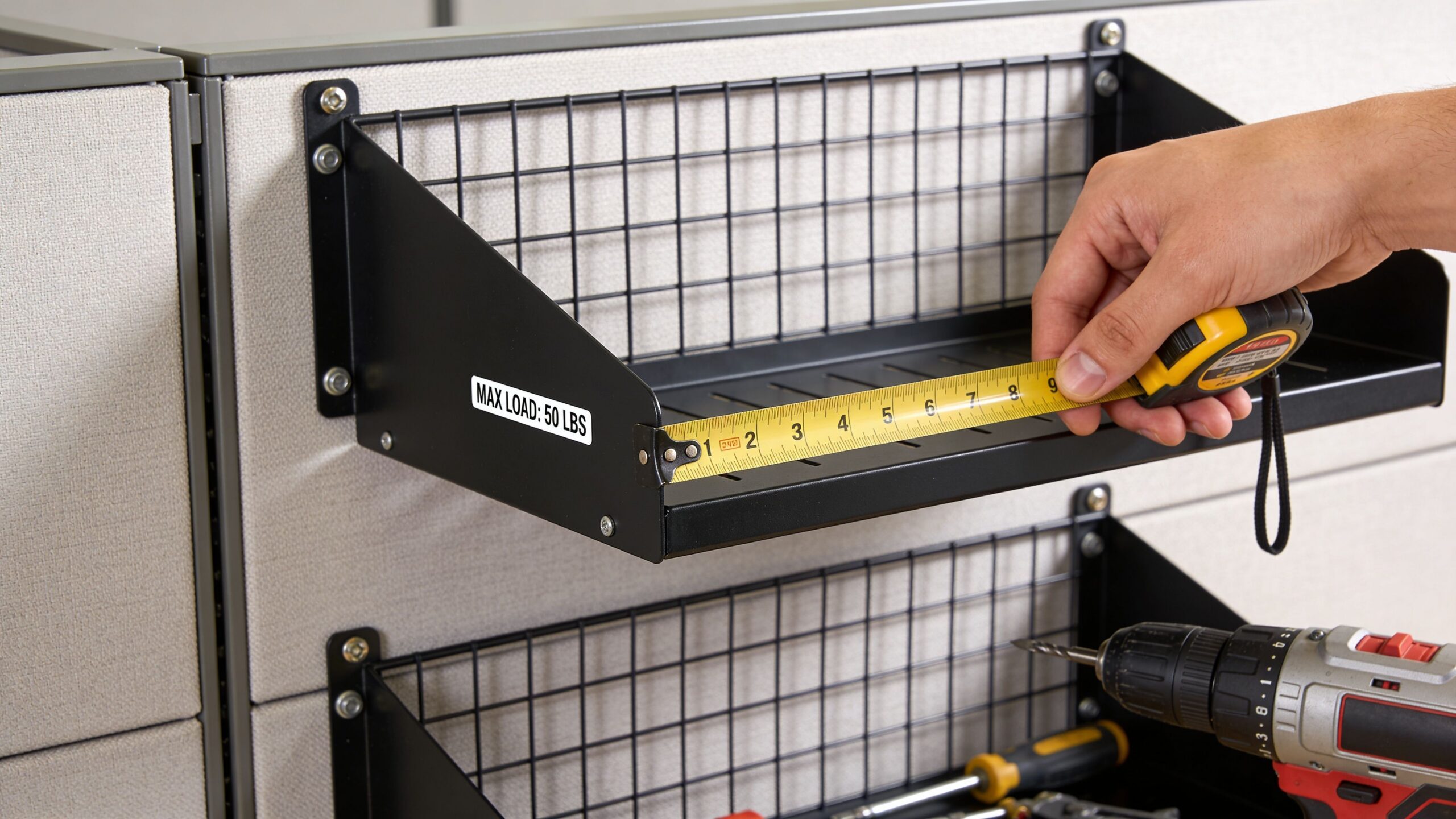 A person measuring a black metal cubicle wall storage shelf with a yellow tape measure.