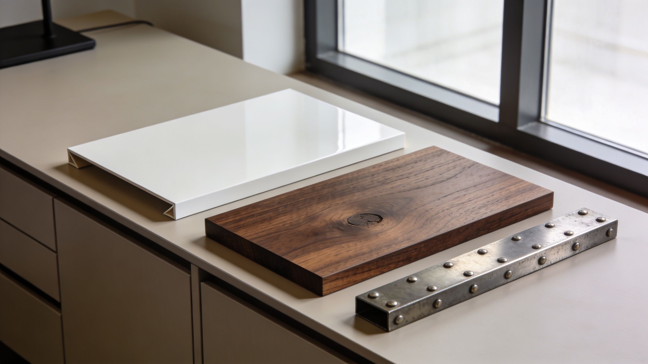 Three material samples including a white panel, a dark wood board, and a metal bar on a desk.