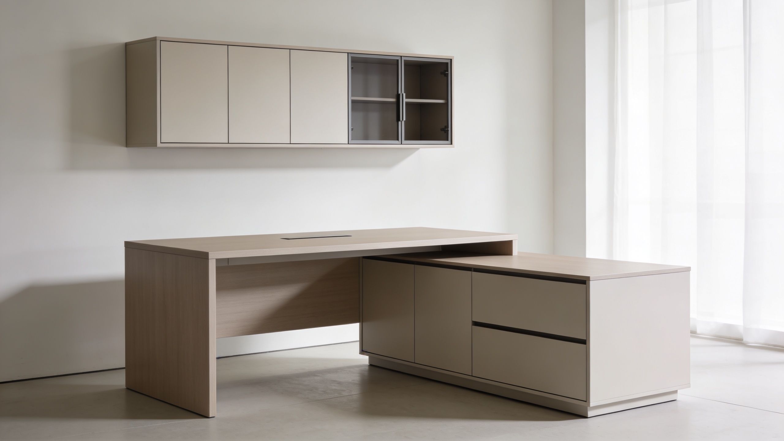 A modern minimalist office desk setup featuring a spacious wooden desk, attached credenza, and matching wall-mounted hutch.