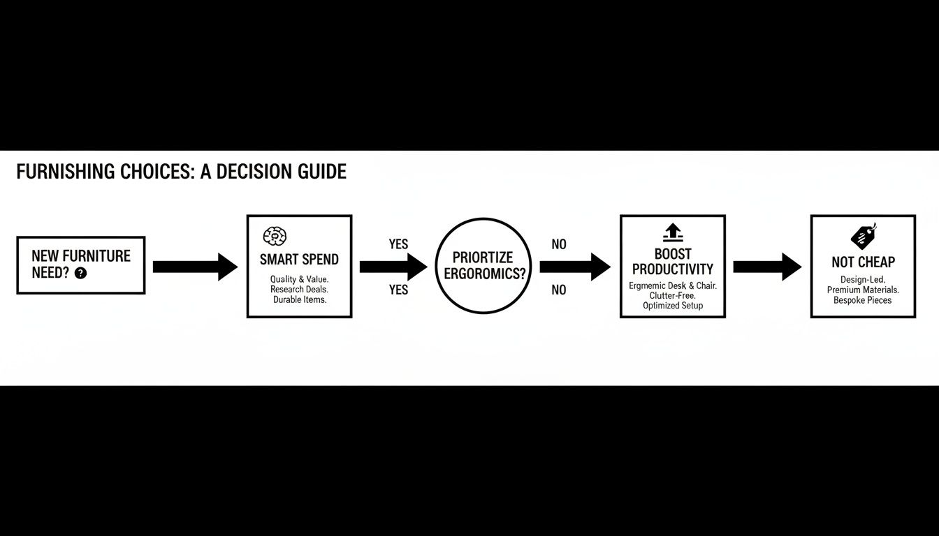 Flowchart illustrating a furniture decision guide for furnishing choices, considering smart spending, ergonomics, and productivity.