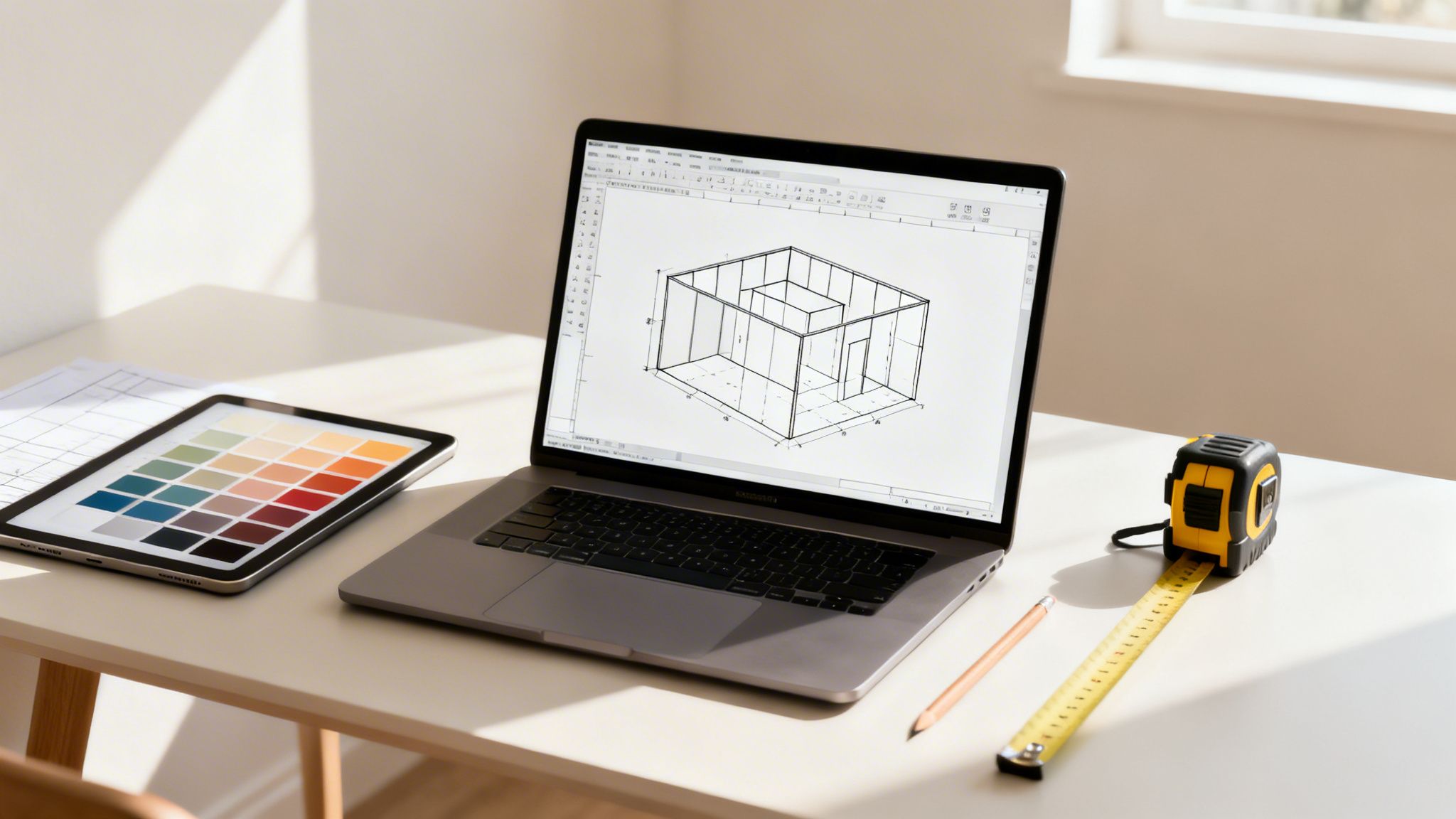 A desk setup with a laptop showing architectural plans, a tablet with a color palette, and a measuring tape.