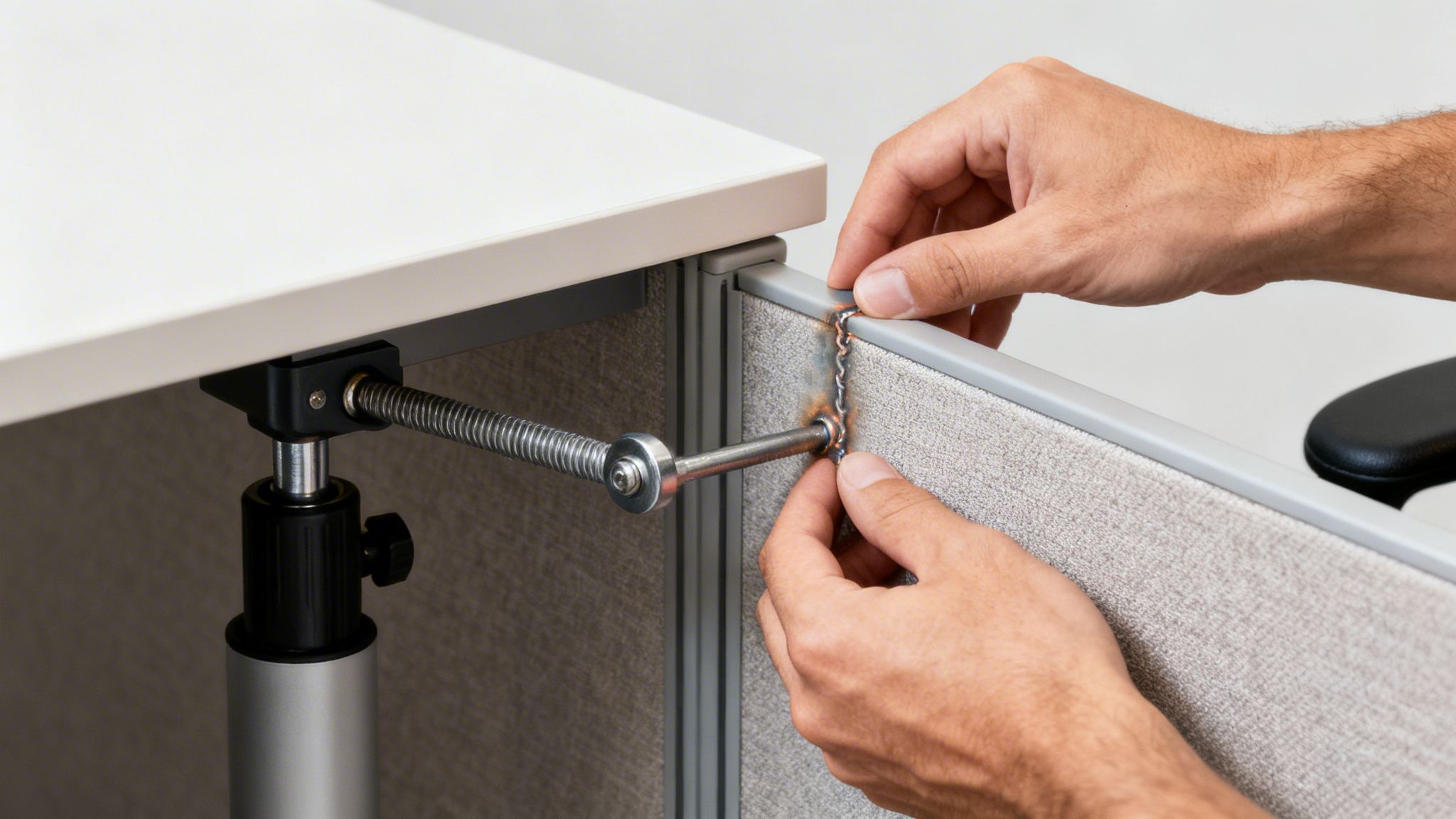 Hands adjust a metal spring-loaded rod connecting an office desk to a gray cubicle wall.