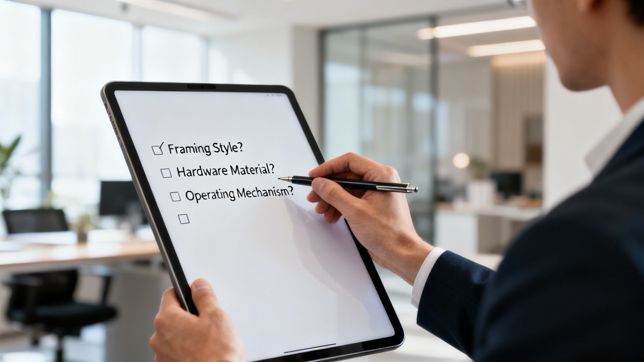 A professional man holding a tablet with a checklist regarding door design elements like framing style and hardware