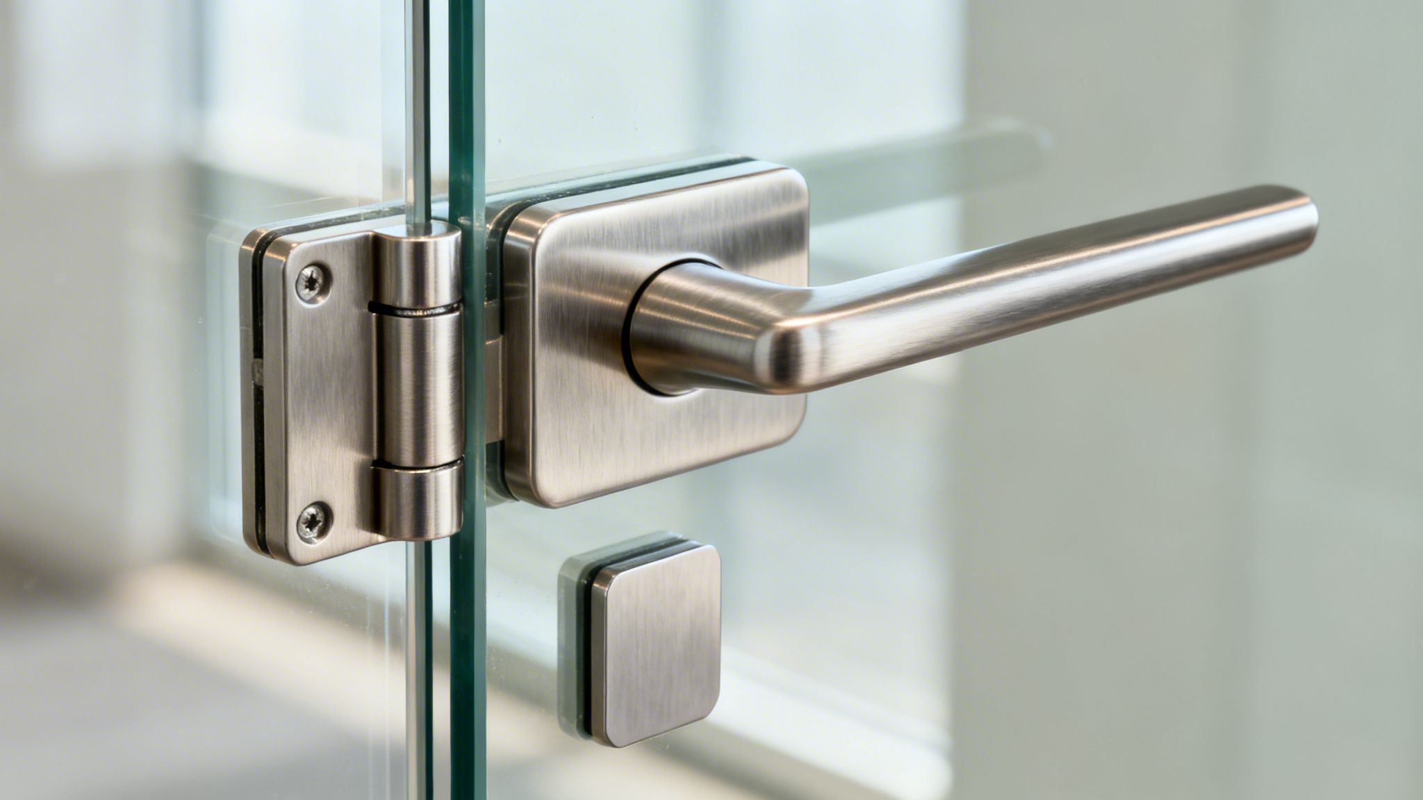 Close up of a sleek metal door handle attached to a modern glass wall partition