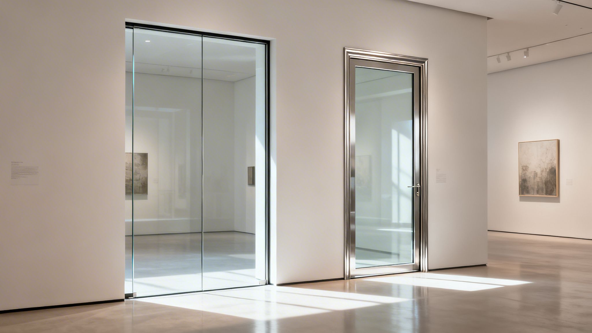 A modern gallery interior featuring a minimalist glass sliding door next to a metal-framed swing door.
