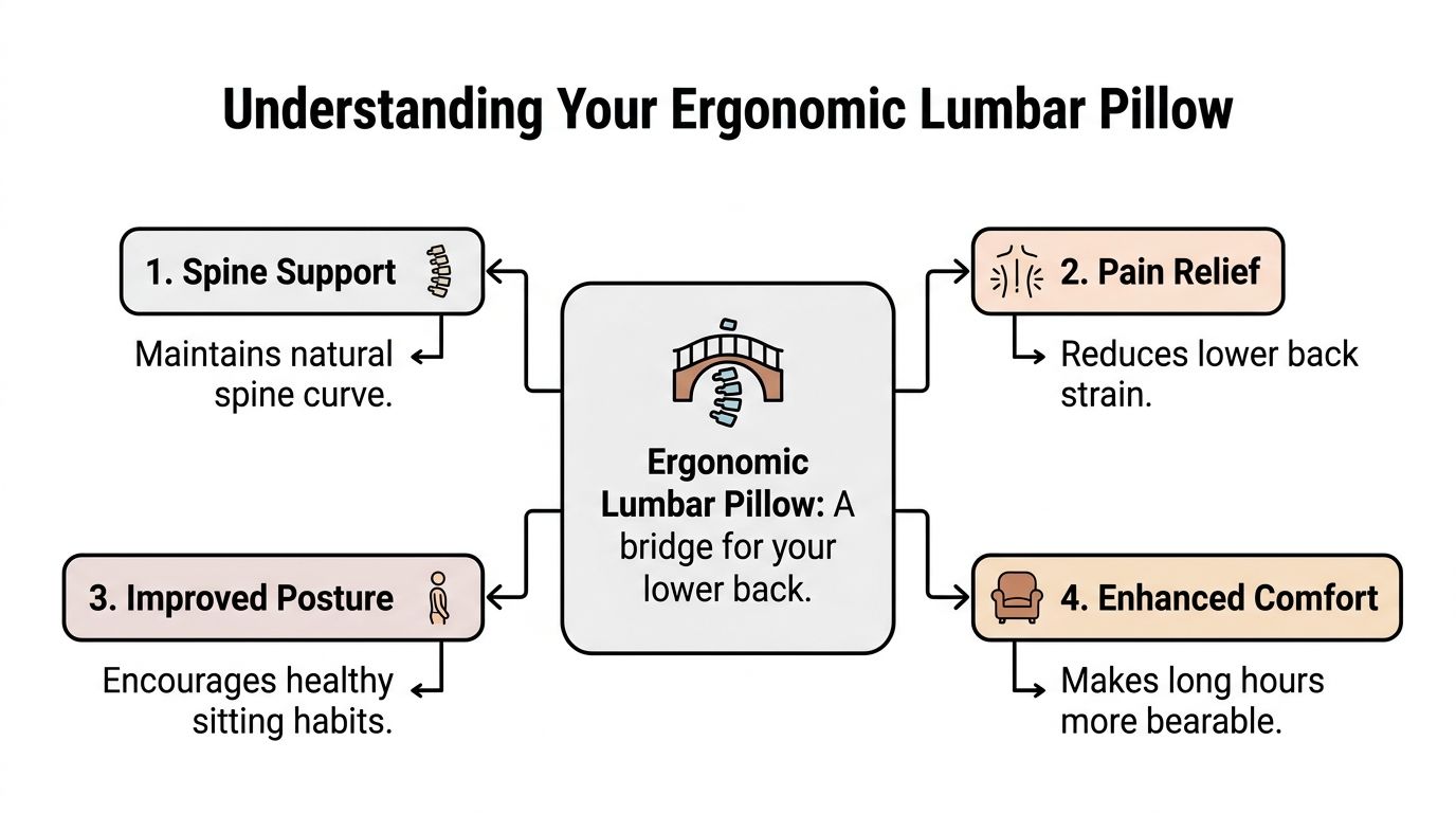 A diagram explaining the benefits of an ergonomic lumbar pillow for spine support, pain relief, posture, and comfort.