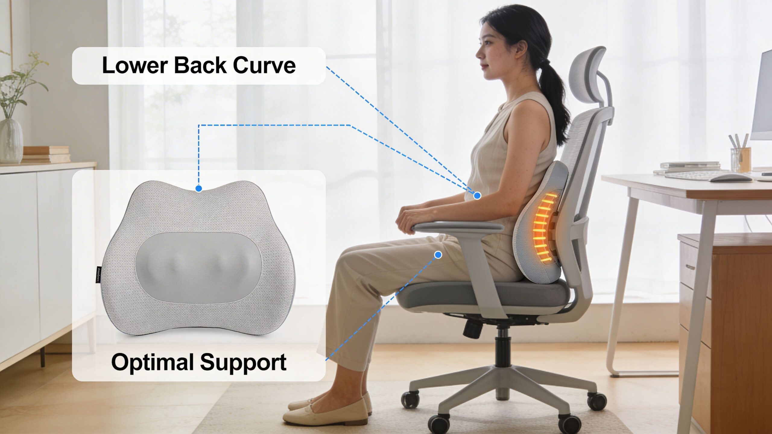 A woman sits in an office chair using a grey lumbar pillow for lower back support and comfort.