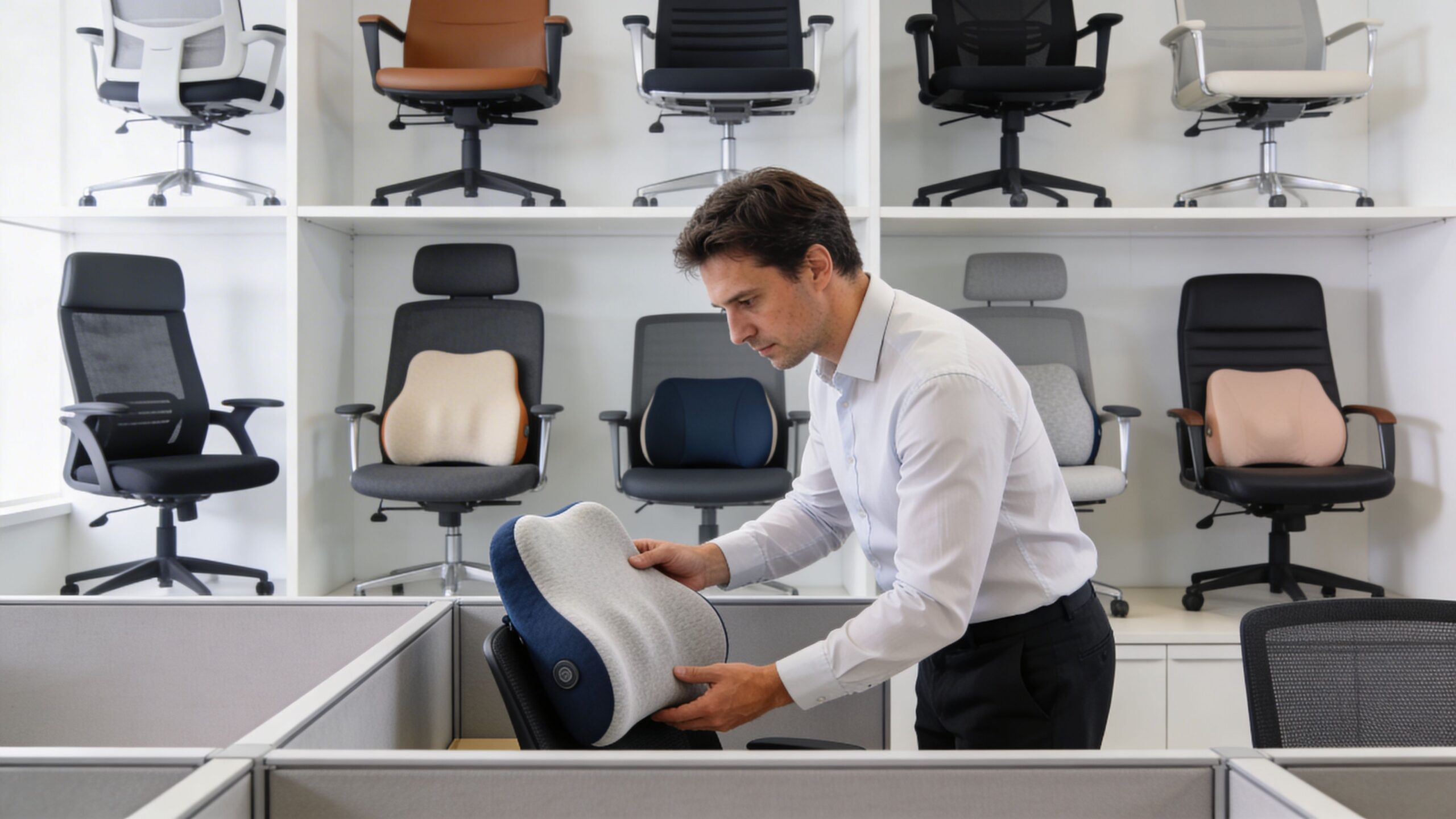 A man in a shirt adjusting an ergonomic lumbar pillow on an office chair in a showroom.