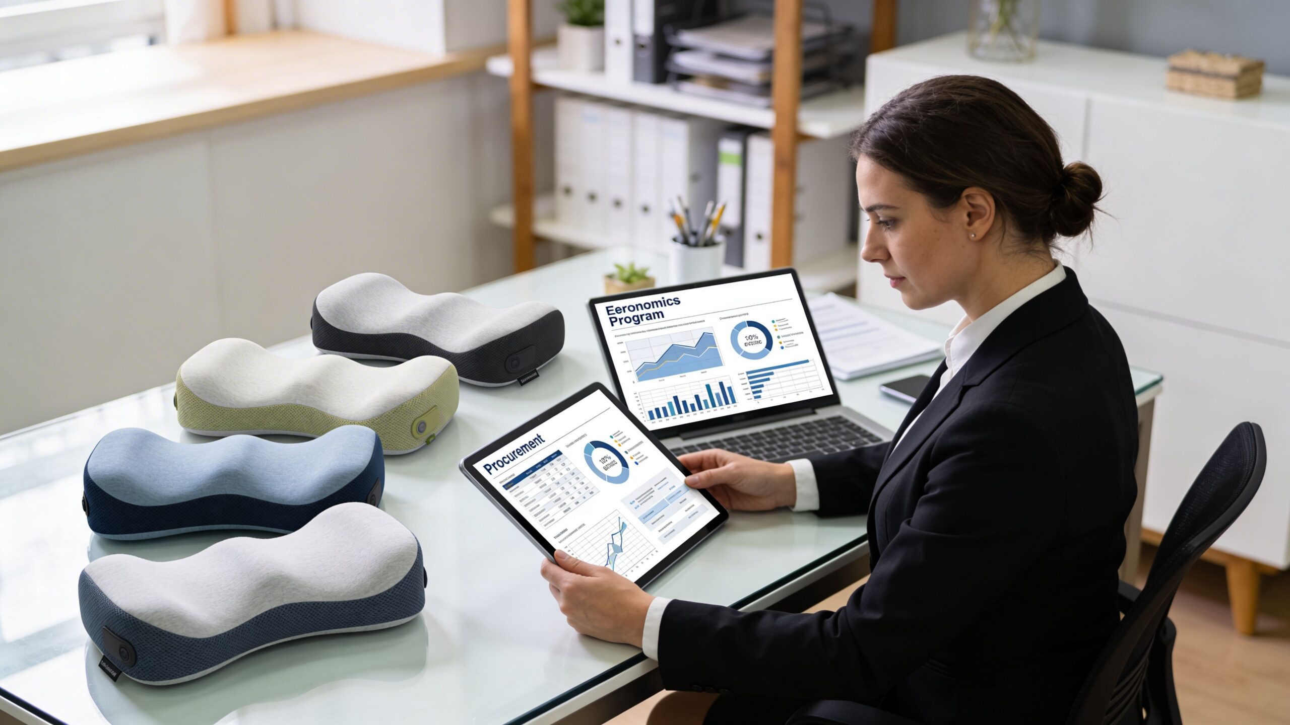 A professional woman in a suit reviews procurement and ergonomics data on her digital tablet and laptop.